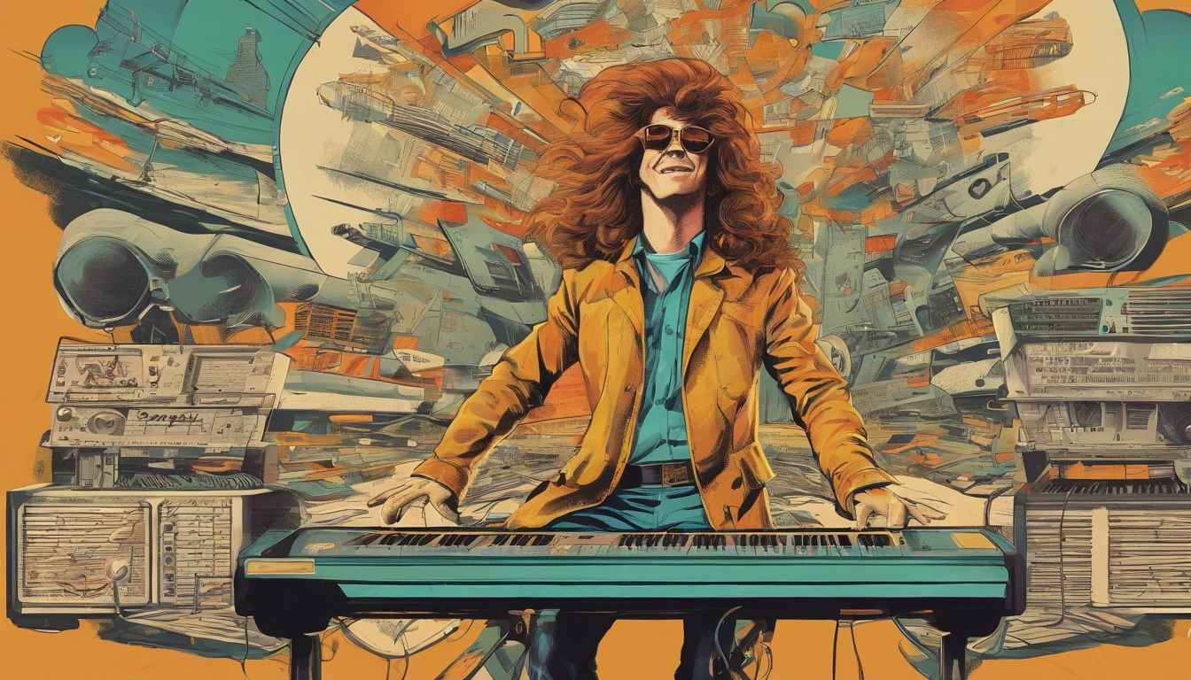 (a funny,disheveled keyboardist, 1960s-style colors, high definition, super detailed)