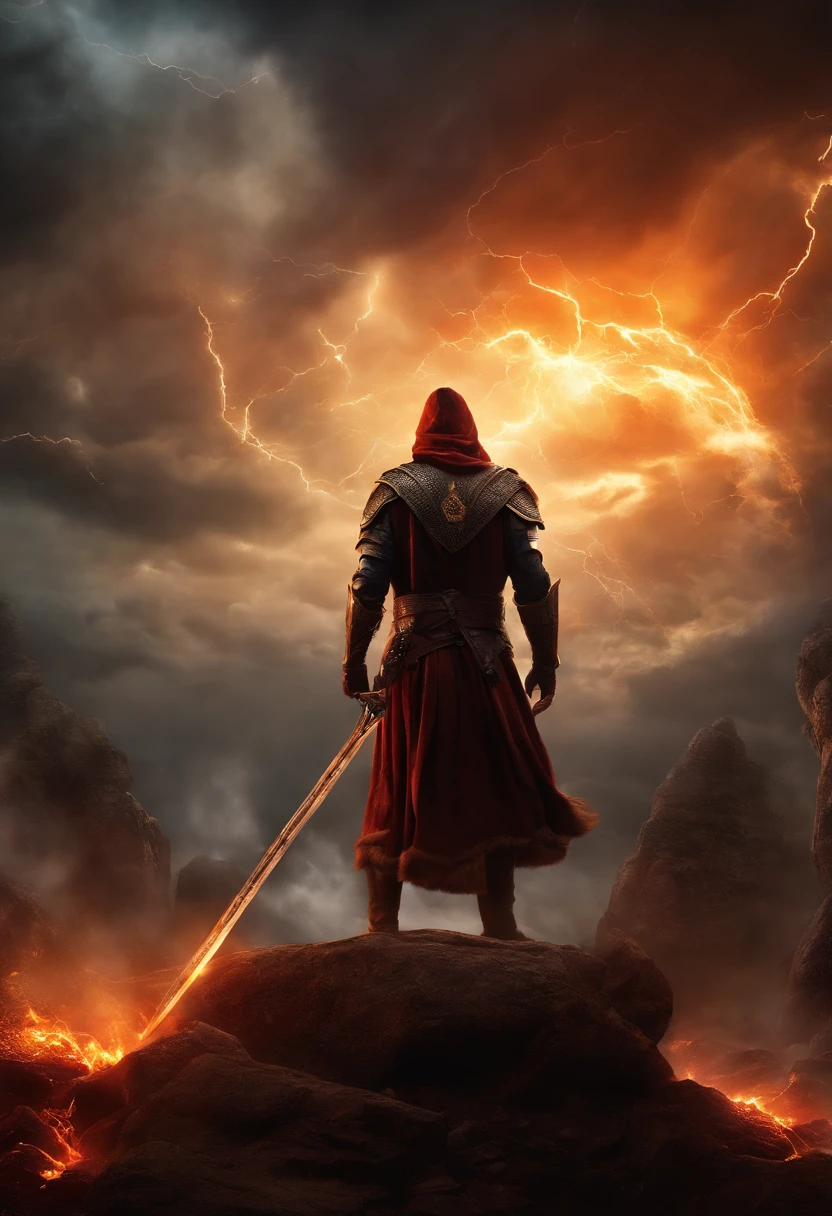 realistic, glowing eyes, fiery breath, battle scene, enchanted sword, magical powers, intense emotions, epic showdown, dramatic lighting, dark clouds, thunderstorm, dynamic composition, vibrant colors, immersive atmosphere, detailed textures, high contrast, dynamic poses, epic scale, mythical creatures, ancient ruins, futuristic technology, powerful sorcery, otherworldly landscape.