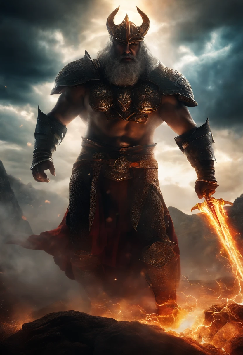Muscular man, alone, white hair, dragon horns, violet-colored military boots, evil smile, dark brown eyes, fantasy scenery, walking through the flames of darkness, ultra quality, elegant, highly detailed, no clothes, no underwear ((no panties)), naked, fully naked, nude, hard cock, hard and very big dick.