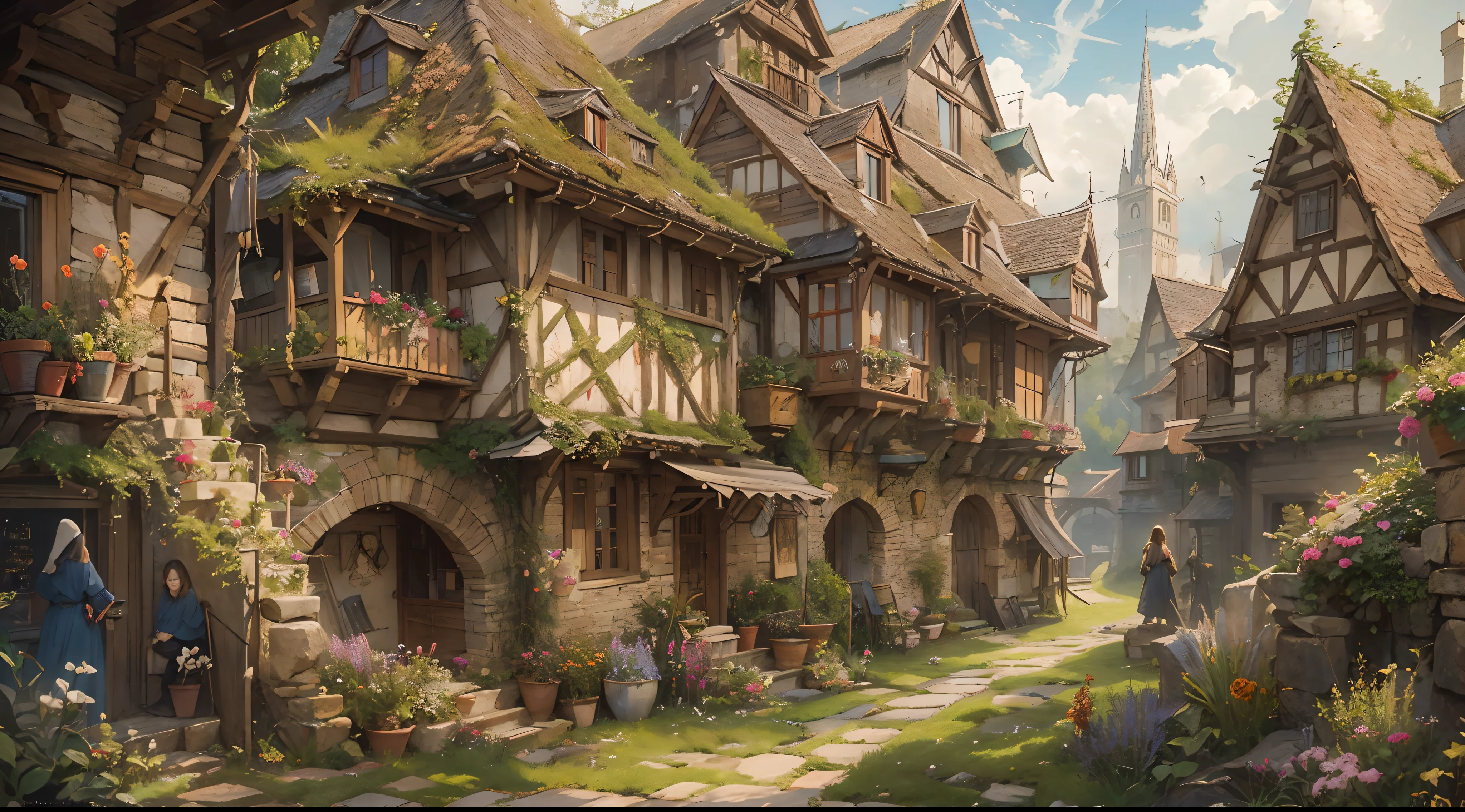 (by Greg Rutkowski: 1.2), (masterpiece), (best quality), extremely delicate and beautiful, illustration, (fantasy landscape), A mesmerizing fantasy landscape with enchanting elements blending seamlessly. (medieval village, houses, medieval fantasy), from Brian Froud and Carne Griffiths and Wadim Kashin and John William Waterhouse, 8K post-production, high resolution, hiper detailed, depth of field, HDR, intricate