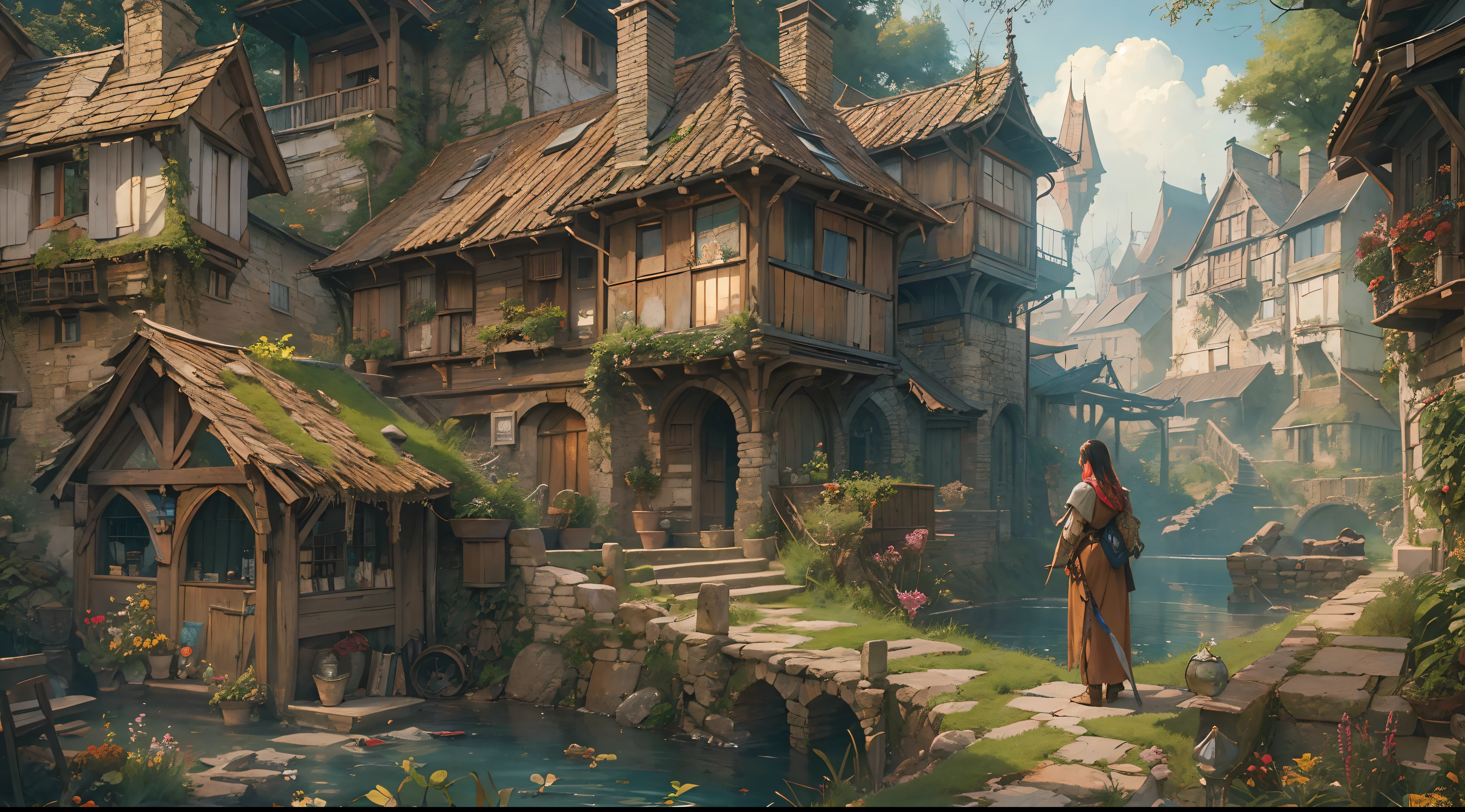 (by Greg Rutkowski: 1.2), (masterpiece), (best quality), extremely delicate and beautiful, illustration, (fantasy landscape), A mesmerizing fantasy landscape with enchanting elements blending seamlessly. (medieval village, houses, medieval fantasy), from Brian Froud and Carne Griffiths and Wadim Kashin and John William Waterhouse, 8K post-production, high resolution, hiper detailed, depth of field, HDR, intricate