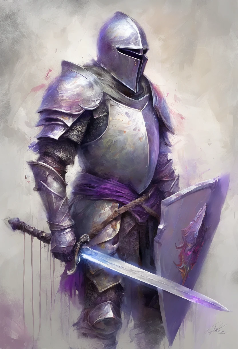 a drawing of a knight with a sword and shield in his hand, white and purple armor, warforged, knight, concept art of a warrior,fallen knight, wielding a sword and shield, armour merging with body, heavily armored, armored knight,Approaching perfection, Dynamic, Highly detailed, Smooth, Sharp Focus, 8K, hight resolution, Illustration, art by carne griffiths and wadim kashin, White background