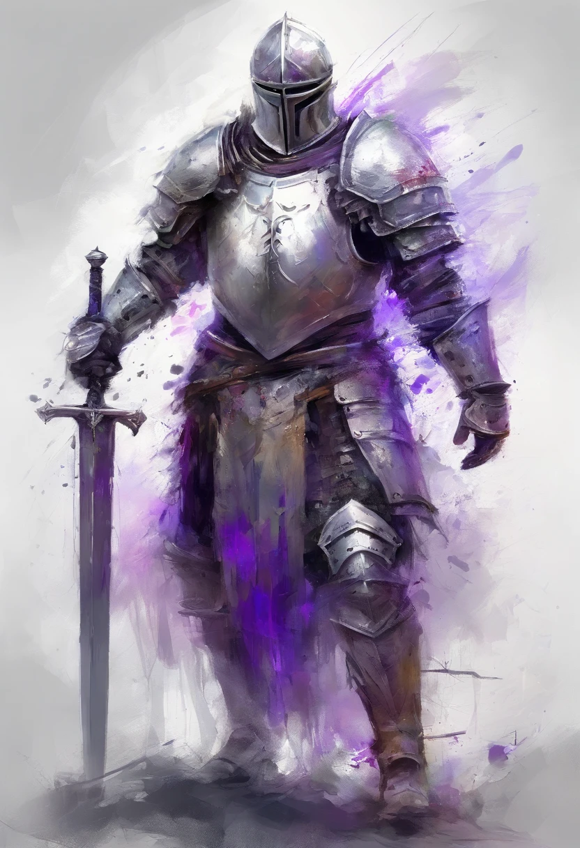 a drawing of a knight with a sword and shield in his hand, white and purple armor, warforged, knight, concept art of a warrior,fallen knight, wielding a sword and shield, armour merging with body, heavily armored, armored knight,Approaching perfection, Dynamic, Highly detailed, Smooth, Sharp Focus, 8K, hight resolution, Illustration, art by carne griffiths and wadim kashin, White background