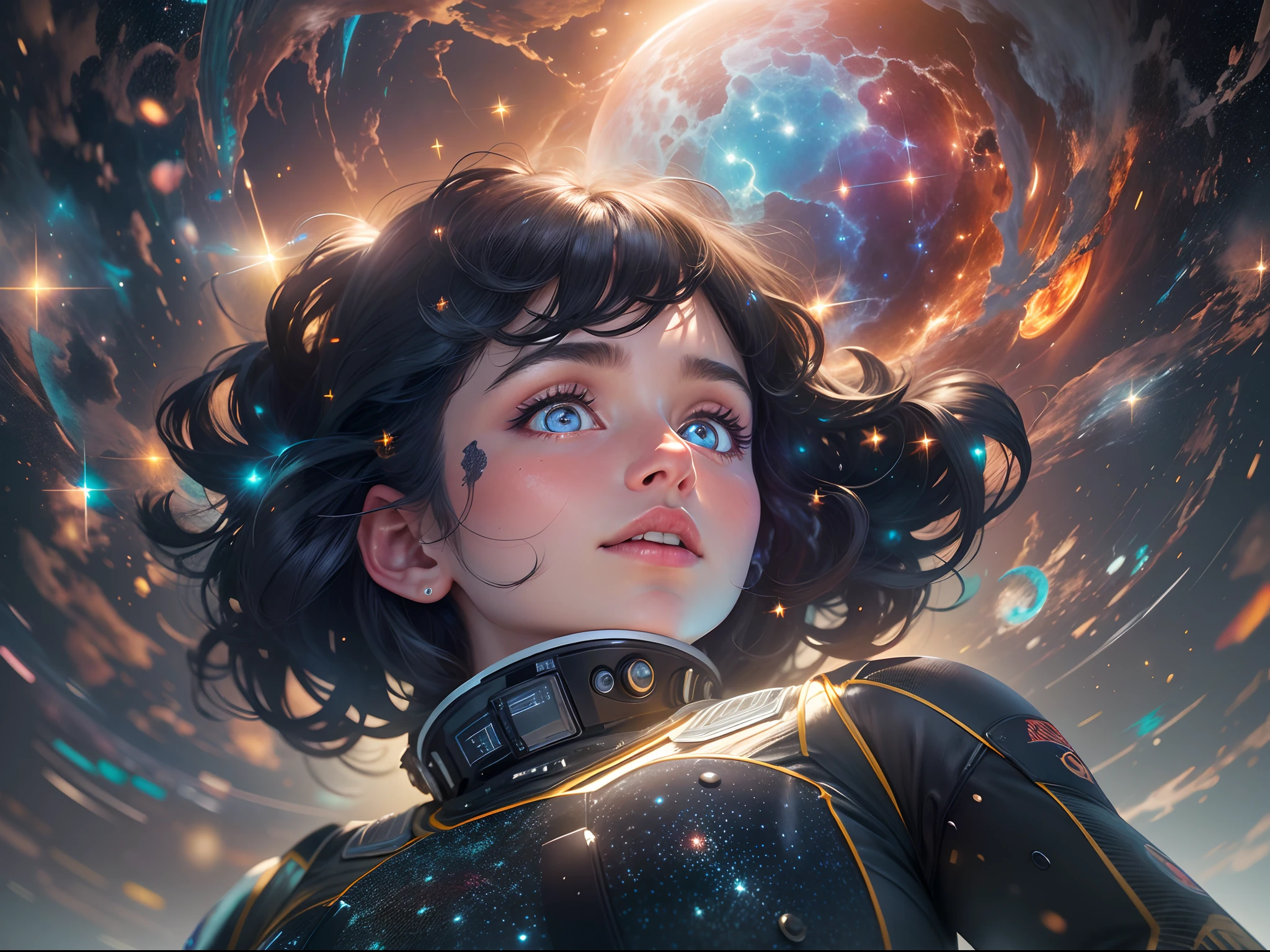 The girl with the pretty face floats in space, portrait of a black-haired young woman in zero gravity, the backdrop of the milky way and a supermassive black hole as background,Wearing high-tech tight spacesuits, There's a huge black hole forming behind it, and the stars behind her swim past ,The girl with the beautiful face stood in the center of the planet, and countless golden meteors converged on her.LightPainting, holographic,Center symmetrical composition,Axisymmetric composition,realistic,skin textures,anatomy correct