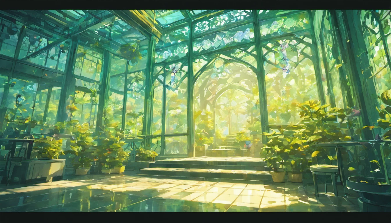 Glasshouse、1 bench、Off-White Natural Light Sunroof Shining Tree、glasshouse、florals