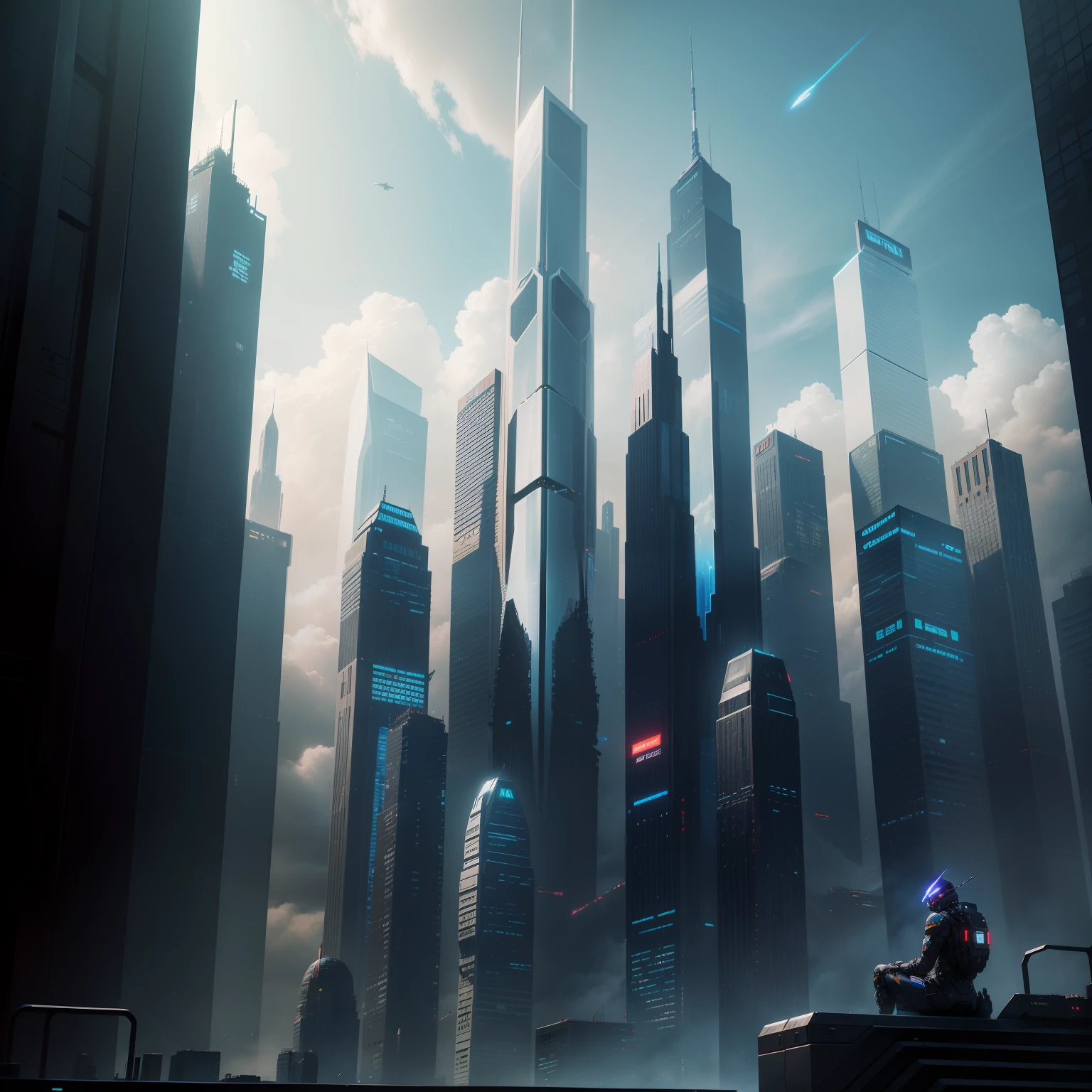 cyberpunked、ＳＦart by、top-quality、​masterpiece、Skyscrapers towering high through the clouds、Glass-walled skyscrapers、StarWars、Fantasia、Beautiful city、planet earth、Space City、、８Ｋ、