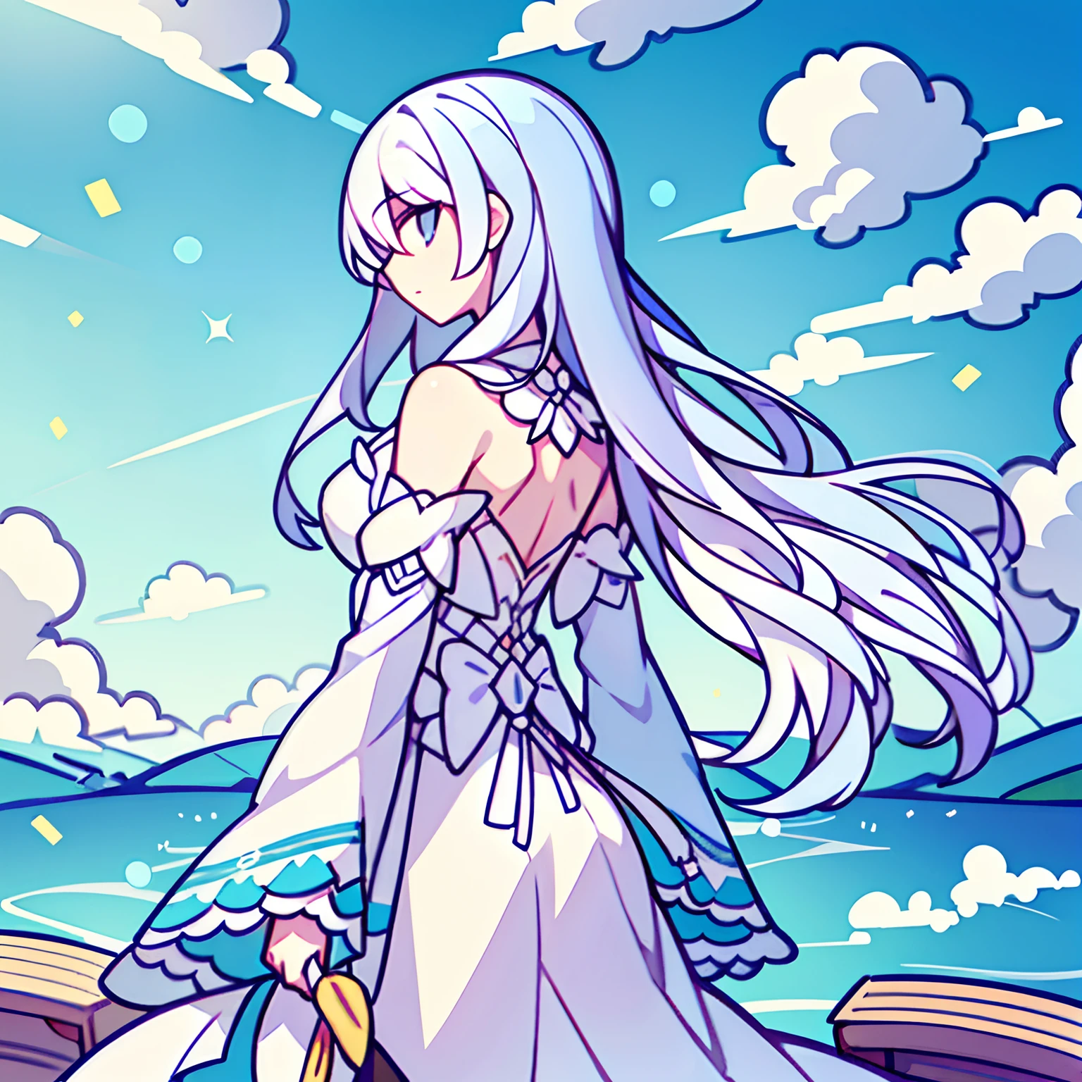 Draw the back of a girl with white hair，beautiful sky