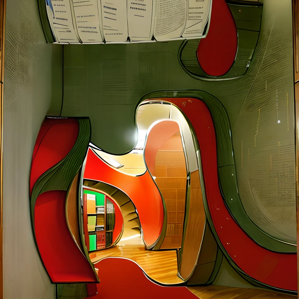 modern art red library reception, creative shapes, curved red ceiling, no wood, weird stacks