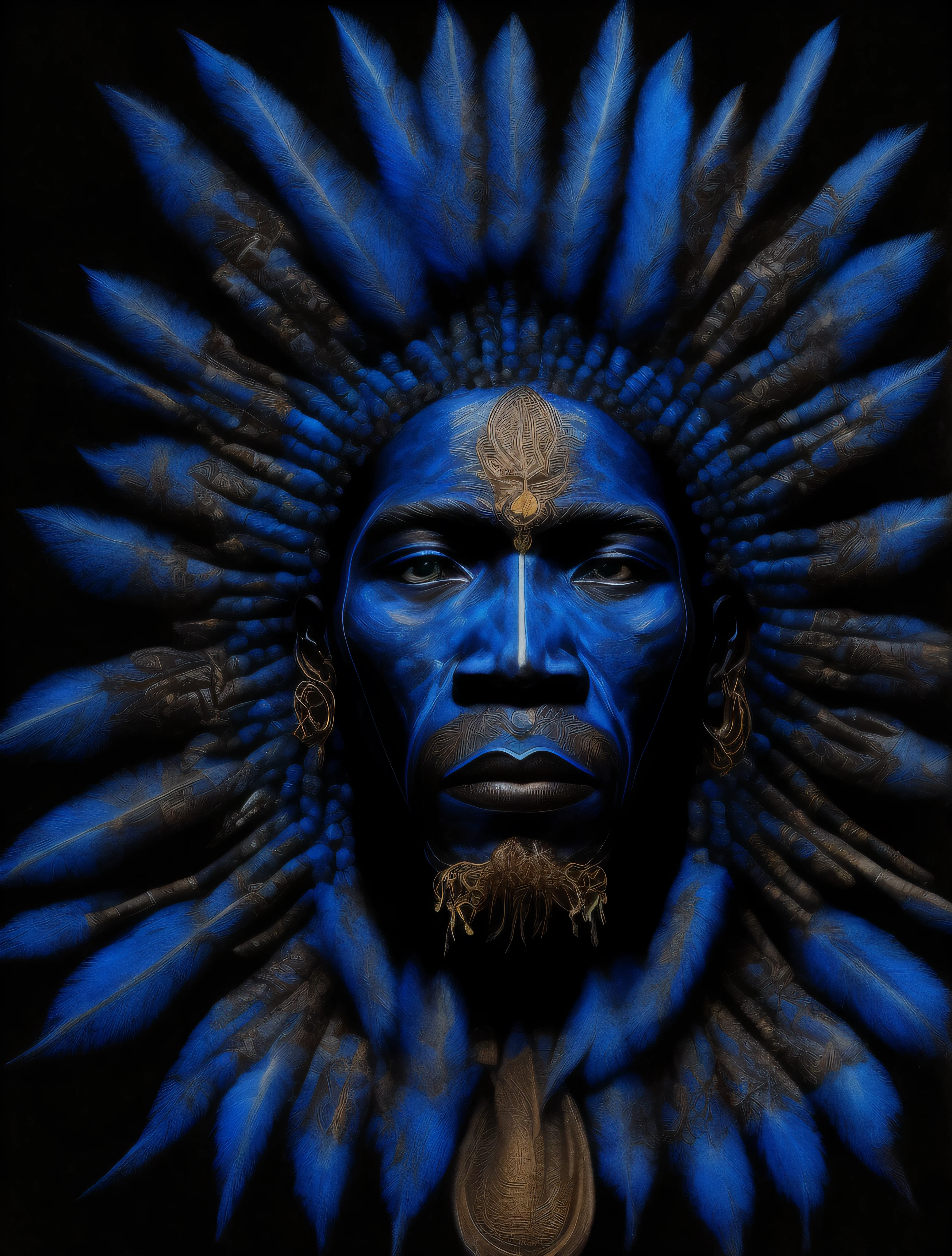 CABOCLO ogum 7 espadas, mestizo black man, indio, adornos tipicos indigena,vestindo um ade de penas azuis e brancas. intrincado, entidade da umbanda, rosto pintadio azul e branco e branco, olhar penetrante, cosmic god,