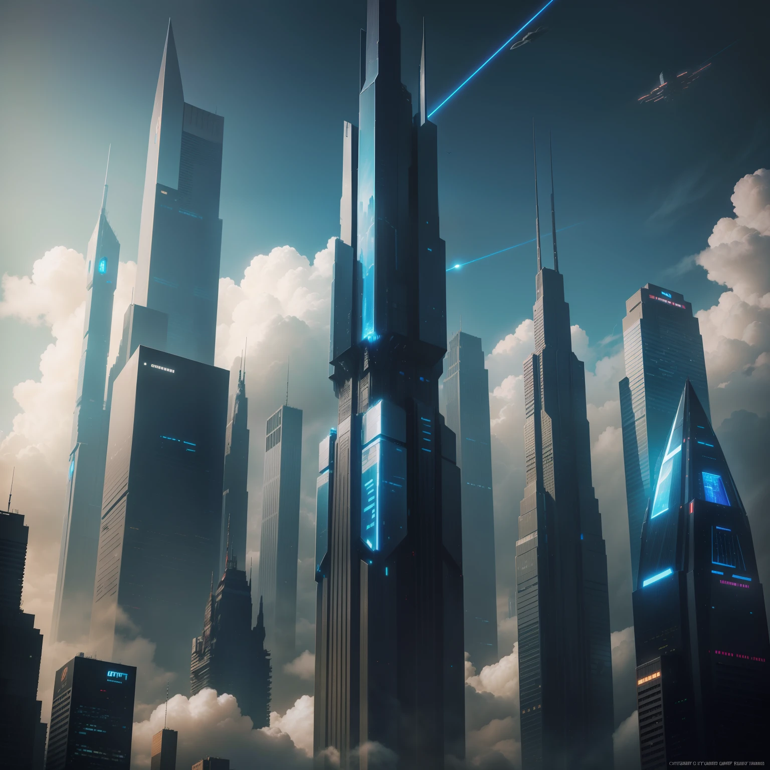 cyberpunked、ＳＦart by、top-quality、​masterpiece、Skyscrapers towering high through the clouds、Glass-walled skyscrapers、StarWars、Fantasia、Beautiful city、planet earth、Space City、Super huge waterfall、８Ｋ、