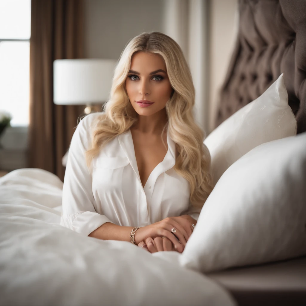 a picture of a woman with long blonde hair and a white shirt, big bold thick eyebrows, long blonde hair and large eyes, with professional makeup, a blond, blonde hair and large eyes, kailee mandel, she has blond hair, most beautiful woman on earth, brunette with dyed blonde hair, ava max, with long blond hair, 25 year old, female, 32B, Victorias secrets model, instagram influencer, hour glass figure, high end jewellery, hot lingerie, candid shots, on the bed