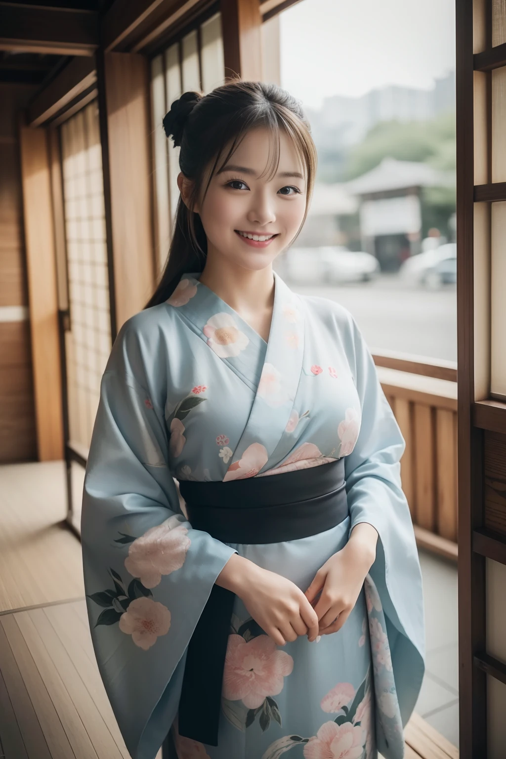 a 25 year old girl、kimono、yukata、a smile、cafes、Beautuful Women、((top-quality、8K、​masterpiece：1.3))、foco nítido：1.2、An ultra-high picture quality、top-quality、​masterpiece、natural soft light、