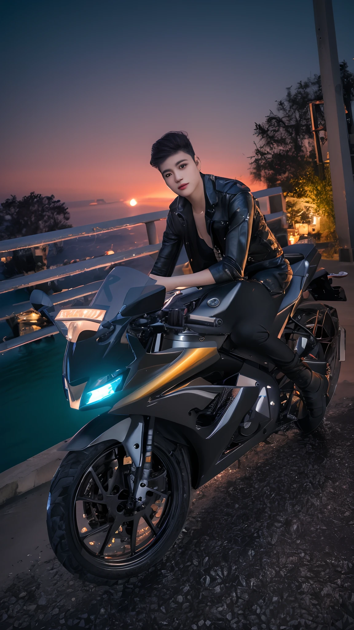 (masutepiece), Full body shot, photo of the whole motorcycle, Cute young man in original, Ride an old traditional shiny metallic silver motorcycle at the wharf, glamorous shape, shoulder length shiny smooth light brown hair, Wearing a leather black riding jacket, Glossy satin red bikini under riding jacket, Leather Black Riding Gloves, Leather Black Pants, Leather Black High Heel Long Boots, staring at night view over the sea, absolutely pretty face, Double eyelids, Natural makeup, long eyelashes, Glossy lips, 8K resolution, high details, detailed hairstyle, Detailed face, Black eyes, elegent, epicd, Cinematic lighting, Octane Rendering, Vibrant, Hyper realistic, Fair skin, Perfect limbs, Perfect Anatomy