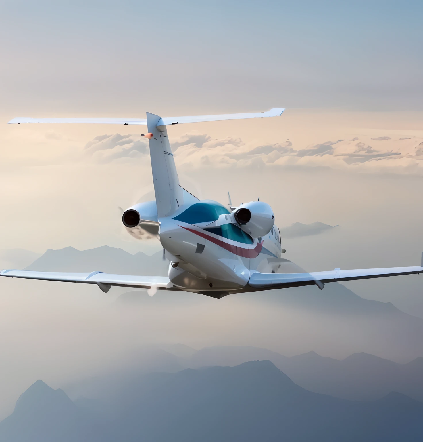 There was a small white plane flying in the sky,The background is mountains, Planes, flying aircrafts, Renaissance rain clouds overhead, low - level view, aerodynamic imposing, fused aircraft parts, photo mid shot, low view, airplane in the sky, Jet wings on the back, Cessna, wlop and RHADS, In the air, Jets, airborne view