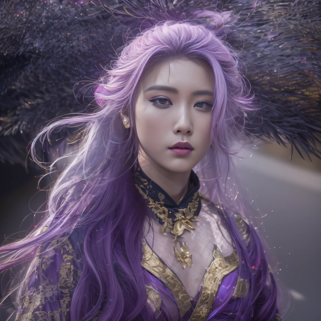 Agate glass texture 32K（tmasterpiece，k hd，hyper HD，32K）Long flowing bright purple hair，Autumn Pond，zydink， a color， Asian people （Kizi）， （Red scarf）， Combat posture， looking at the ground， long whitr hair， Floating bright purple， Fire cloud pattern gold tiara， Chinese long-sleeved gold silk garment， （abstract ink splash：1.2）， white backgrounid，Lotus protector（realisticlying：1.4），Bright purple hair，Smoke on the road，The background is pure， A high resolution， the detail， RAW photogr， Sharp Re， Nikon D850 Film Stock Photo by Jefferies Lee 4 Kodak Portra 400 Camera F1.6 shots, Rich colors, ultra-realistic vivid textures, Dramatic lighting, Unreal Engine Art Station Trend, cinestir 800，Long flowing bright purple hair
