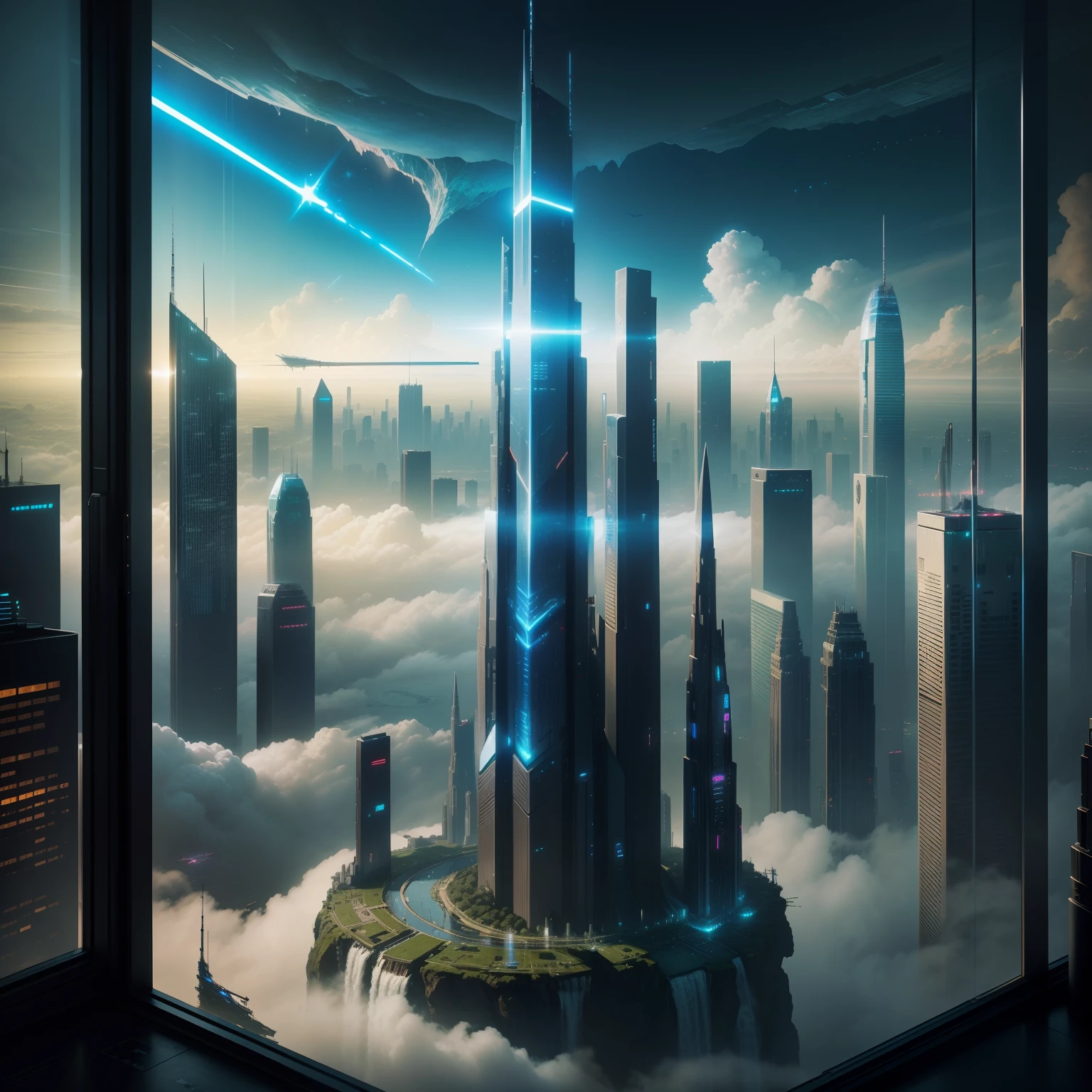 cyberpunked、SFart by、top-quality、masterpiece、Skyscrapers towering high through the clouds、Glass-walled skyscrapers、StarWars、Fantasia、Beautiful city、planet earth、Space City、Super huge waterfall、8K、