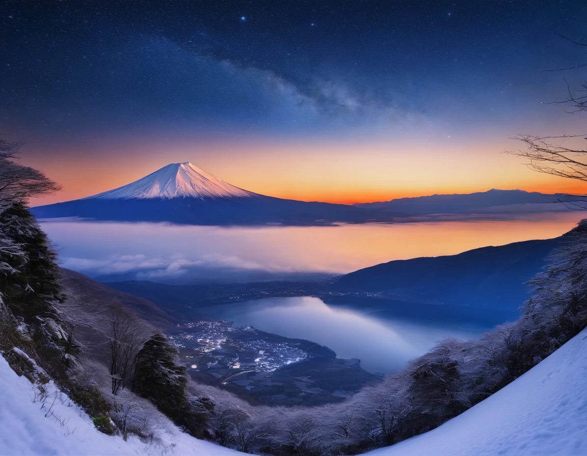 Snow-capped Mt. Fuji，under the starry night sky，spectacular，Panorama Figures