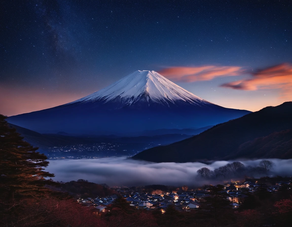 Snow-capped Mt. Fuji,under the starry night sky,spectacular,Panorama Figures