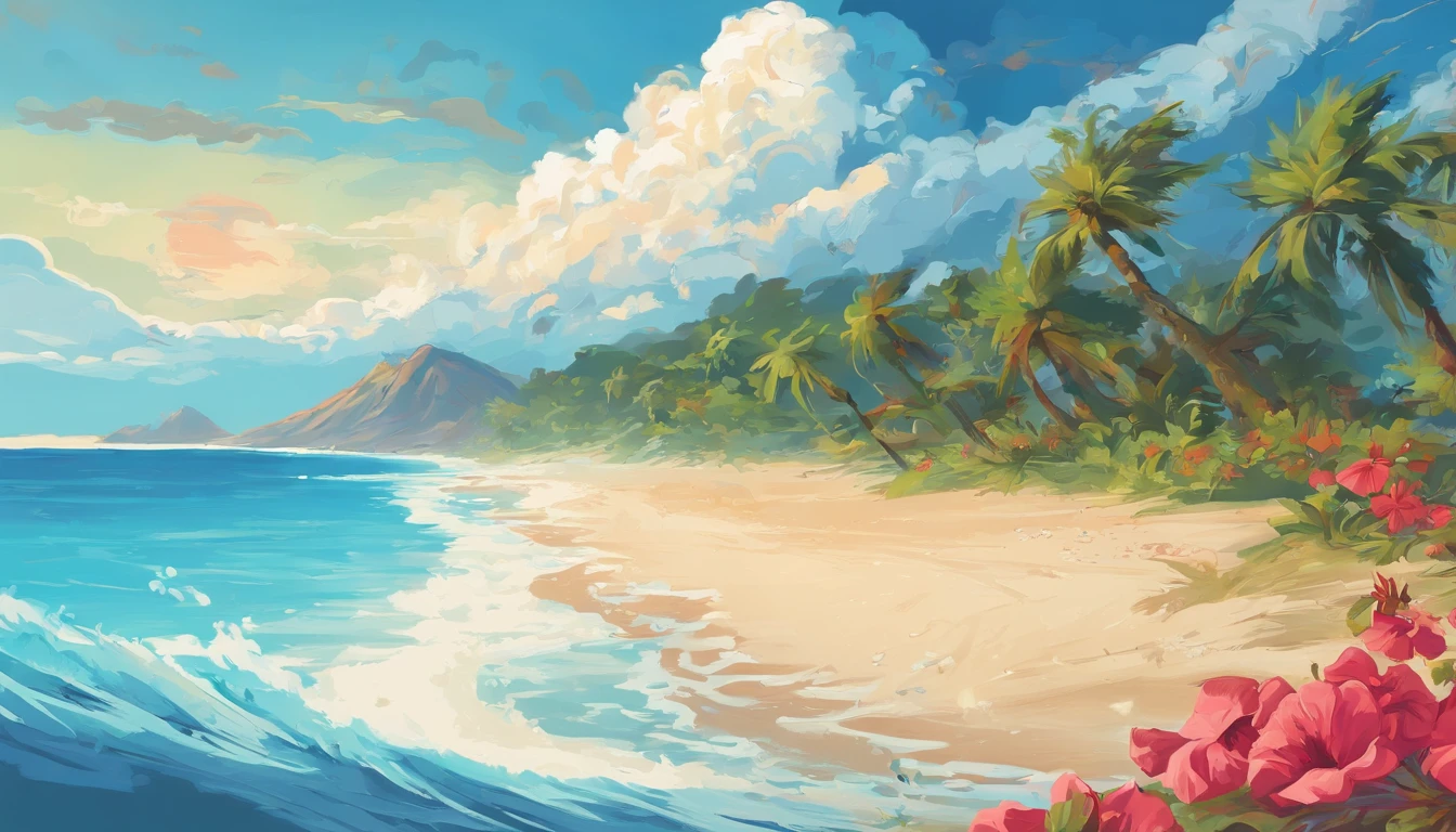 (beach, palm trees:1.3), beach, clear water,(blue sky, cumulonimbus:1.3),(starfish, seashell:1.2),(island),(hibiscus:1.4),