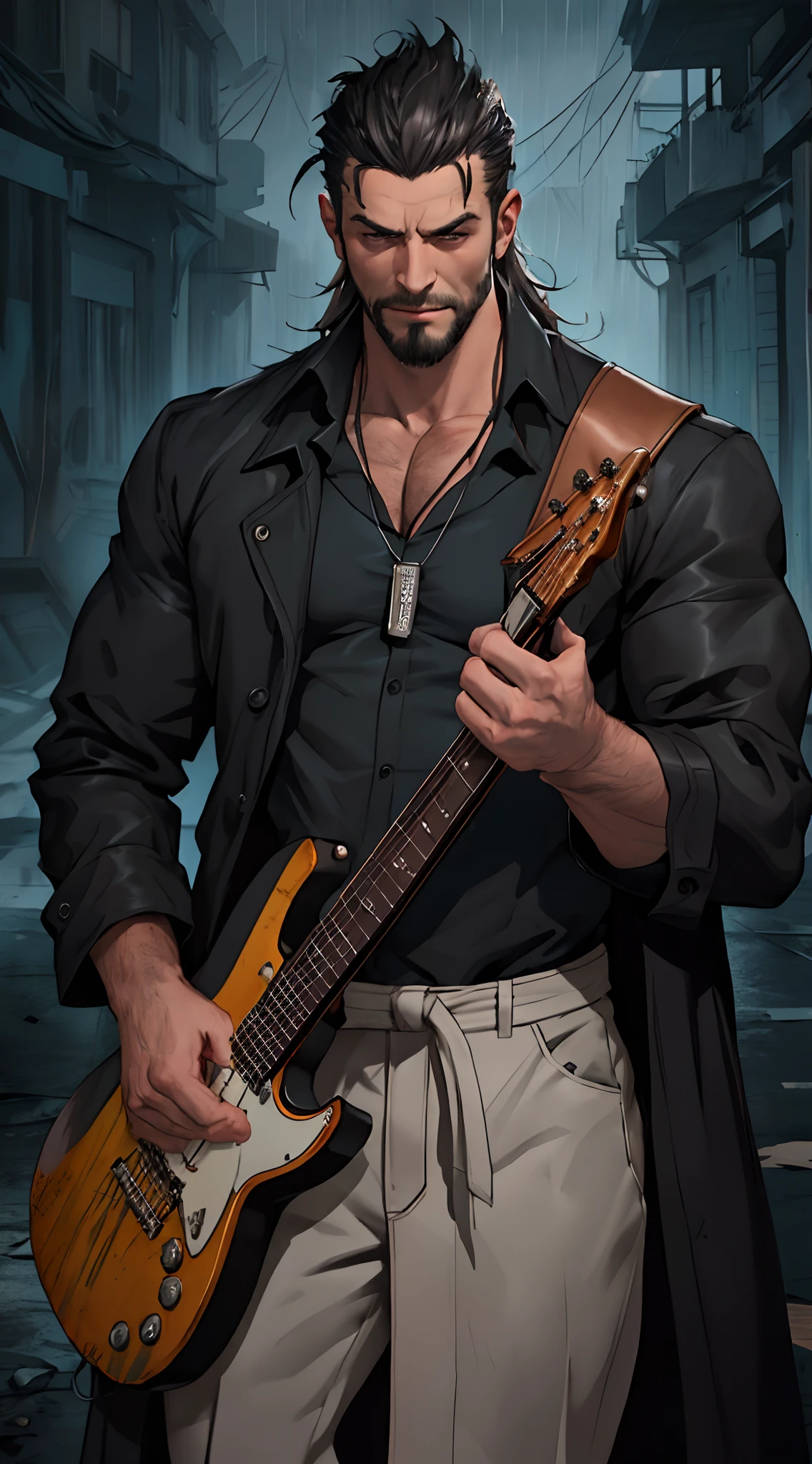 There is a man playing the electric guitar on room of ruin, it rains and smoky, deep seetheough blue background color, bonfire of drums are there, he gets wet on the rain, droplets, gigachad muscles, wearing a shoulder-padded black trench coat, wearing black dress shirt as inner, muscular men , male art, Eric Clapton, Commission for high resolution, Very heavy vignette!!!,hard ,Nothing is worn, slight laugh,veiny muscles,,shaggy lumpy body,Silver Plate Tag Necklace,Dad with extreme muscle mass,Black little long shaved side hair,Cropped beard face, little laugh, Around 50 years old,tanned brown skin,ultra-detailliert,High quality,Realistic and smooth skin texture,Photorealistic Dandy Guy,Light and shadow