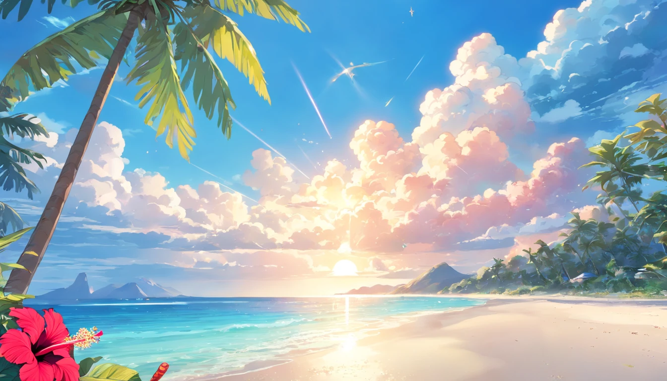 (Beach, Palm trees:1.3), Beach, clear water,(Blue sky, cumulonimbus clouds:1.3),(starfish, shellfish:1.2),(sima),(hibiscus:1.4),