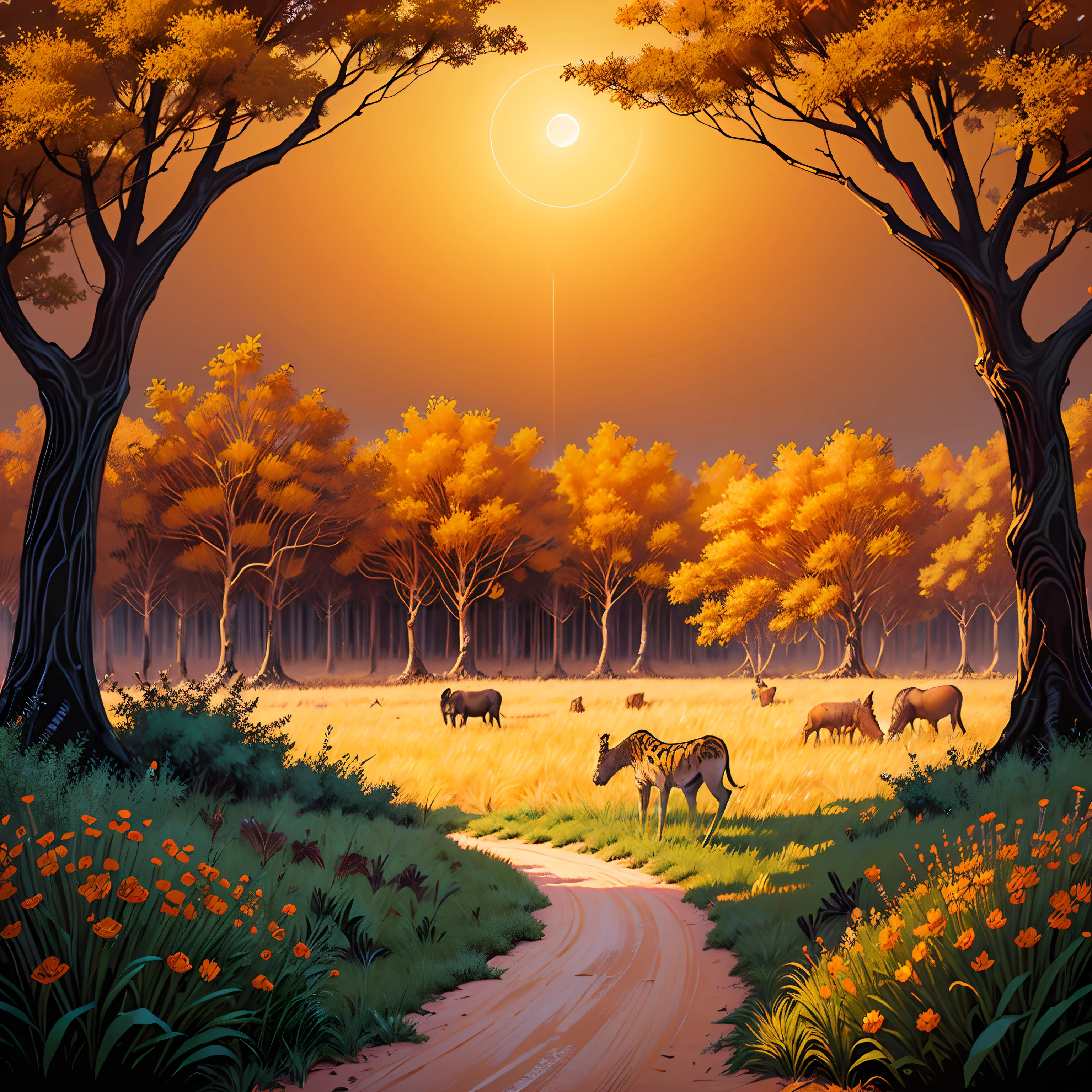 A large-scale mural of a wildlife scene of a brautiful savanna, wallart design, digital painting --auto