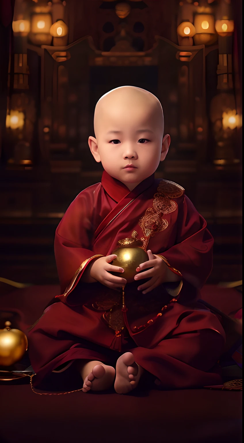 Arad  in red robes，Holding a golden ball in his hand, lovely digital painting, monk clothes, buddhist monk, Portrait shooting, Buddhist, portrait of monk, monk, 2 1 st century monk, monk meditation, wearing gilded red robes, Buddhism, monk, close up portrait shot, Buddhist monk meditation, in red robes, High-quality portraits are realistic