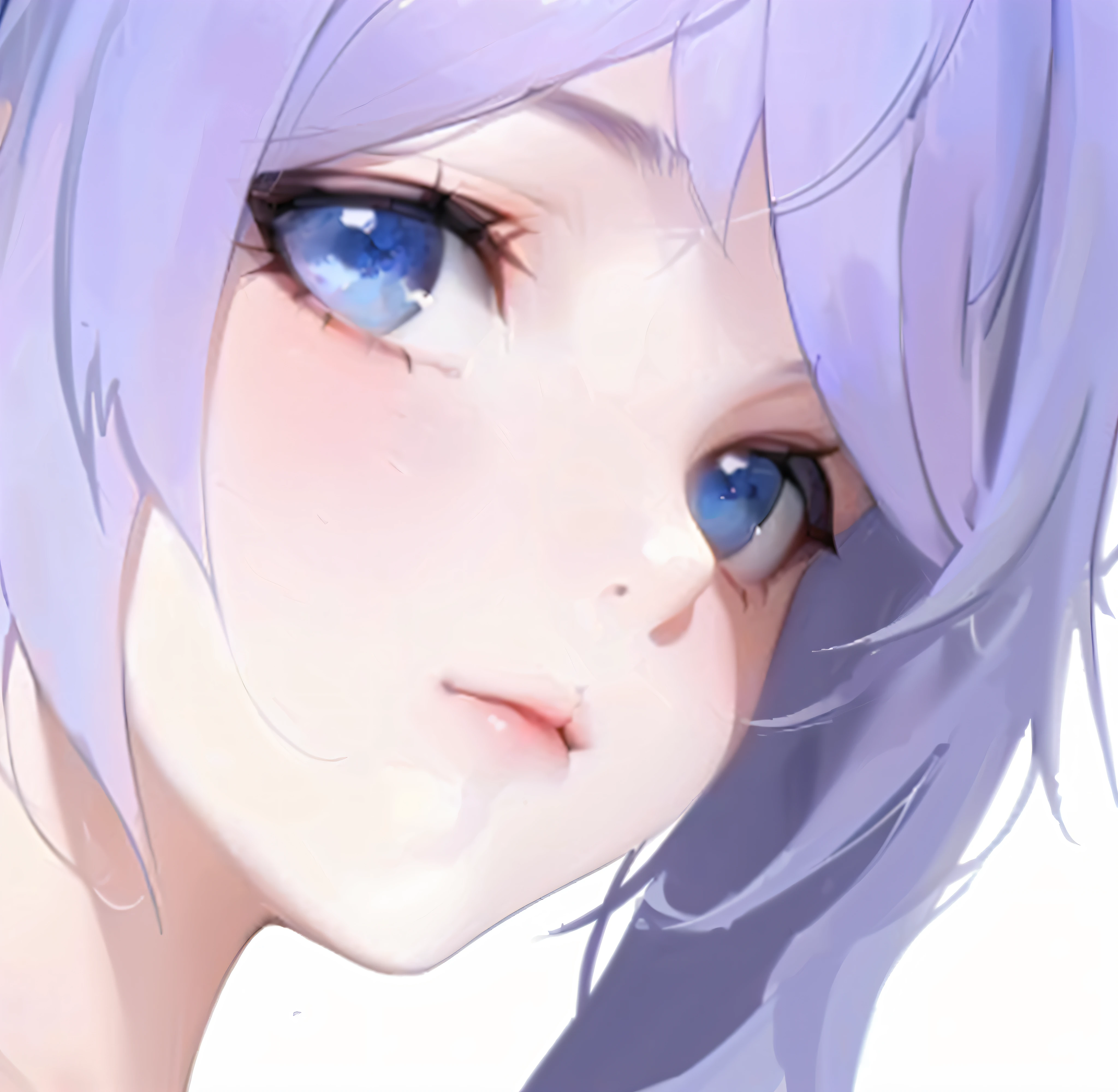 Anime girl with purple hair and blue eyes lying on her stomach, Enhance the sense of volume of the facial features,Solid,3D quadratic,photorealestic,