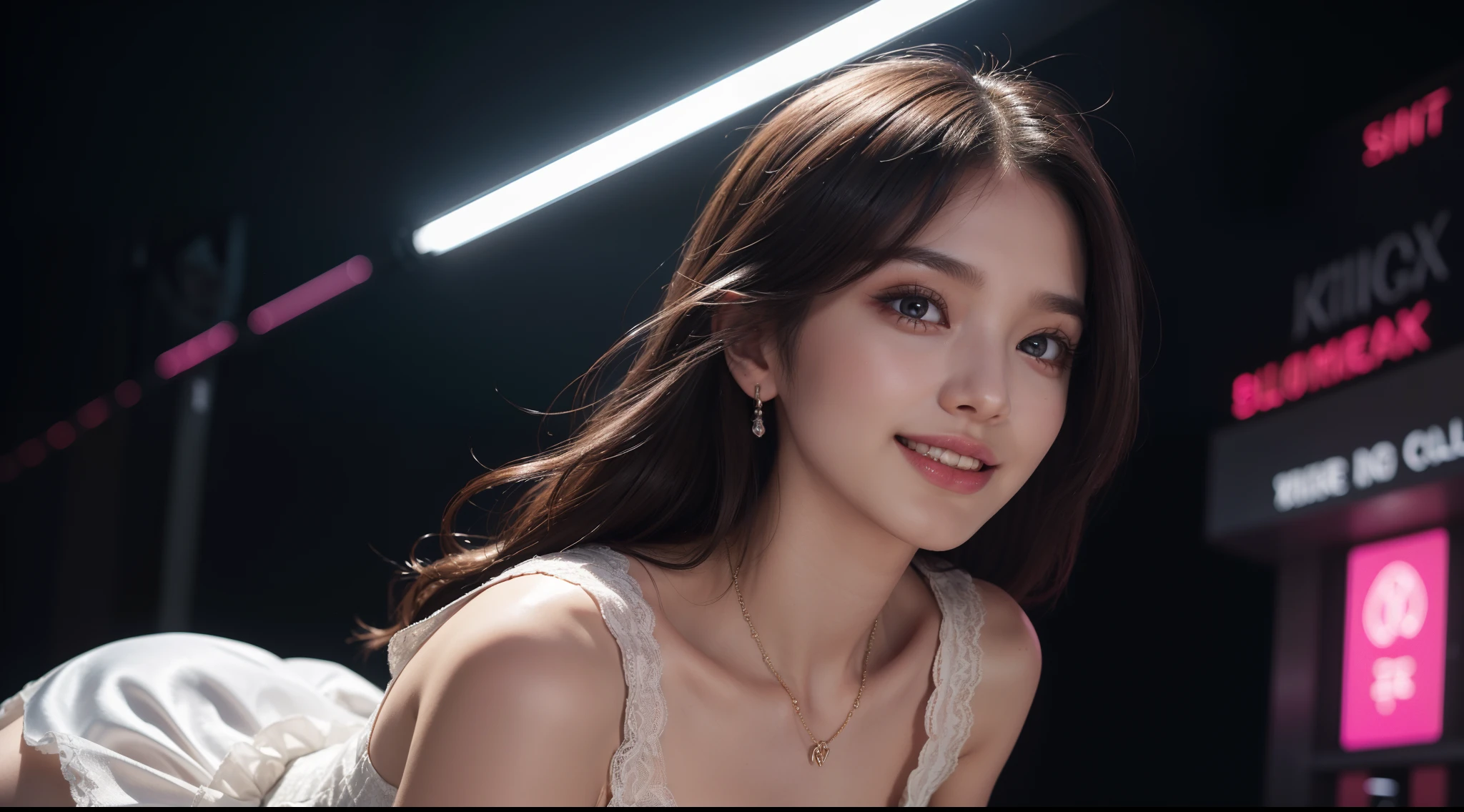 8K, Masterpiece, Raw foto, Best Quality, Photorealistic, Extreme detailed CG unity 8K wallpaper, Depth of field, Cinematic light, lens flares, Ray traching, (extremely beautiful face, beautiful lips, beautidful eyes), Intricate detail face, ((ultra detail skin)) 1Girl, Dark In, Deep Shadow, Pretty Korean Girl, kpop-idol, 1 Girl, (Very slender muscular body:1.3), ((looking up at viewer)),(big grin:1.3), (Hot pink blouse), (sleeveless) , (A Night in Fashion City, Dark Night, (neon sign), (blured background), Fashion Street Night),(There are no people in the background.:1.3), beautiful earrings, wristband, necklaces, Pantyhose, Clear eyes, walking, (pale-skin), (Big Eyes), Facing Forward, ((upper body shot)), ((Silk color dress:1.3)),(ligh brown hair),((Tight-fitting lace dresses)), (Lace dresses), (see - through), (looking up at viewer:1.3) open chest, Very slim, Medium Tits, see - through, Medium butts