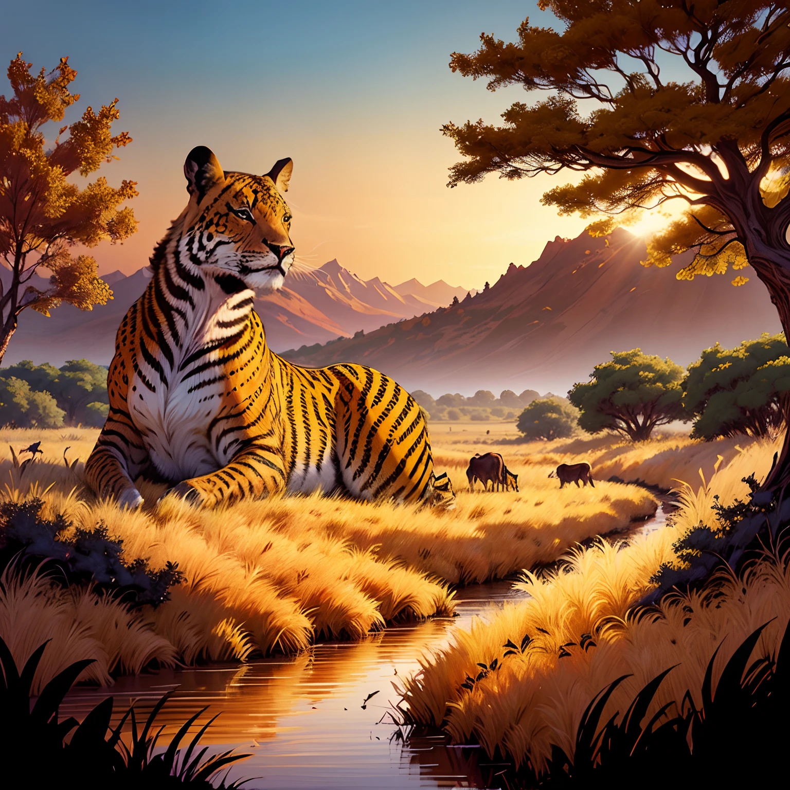 A large-scale mural of a wildlife scene of a brautiful savanna, art design, digital painting, printable --auto