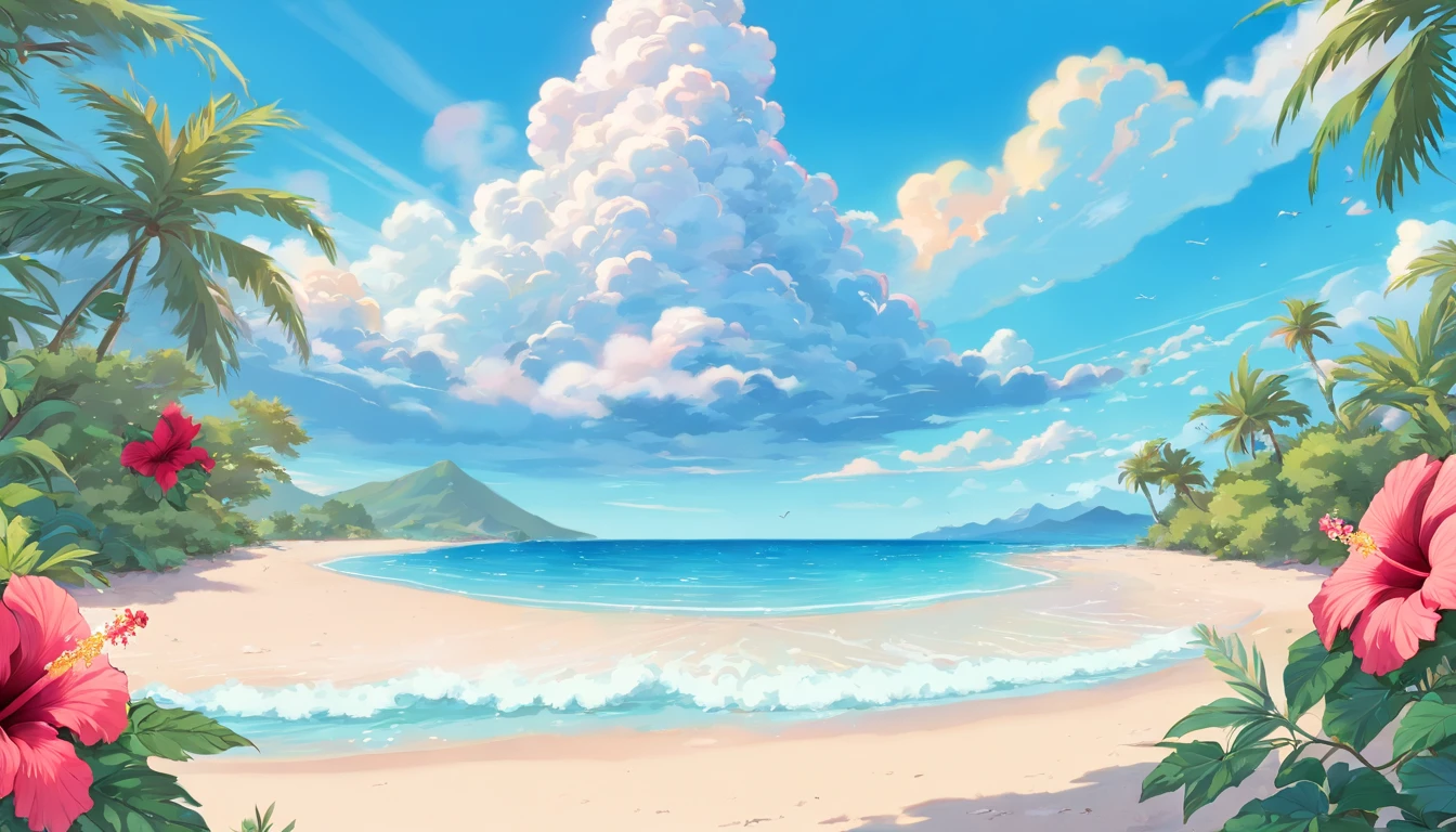 (Beach, Palm trees:1.3), Beach, clear water,(Blue sky, cumulonimbus clouds:1.3),(starfish, shellfish:1.2),(sima),(hibiscus:1.4),