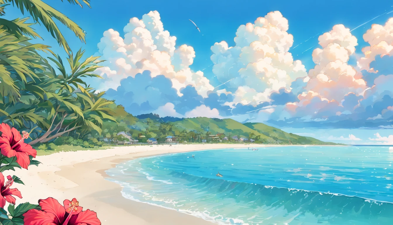 (Beach, Palm trees:1.3), Beach, clear water,(Blue sky, cumulonimbus clouds:1.3),(starfish, shellfish:1.2),(sima),(hibiscus:1.4),