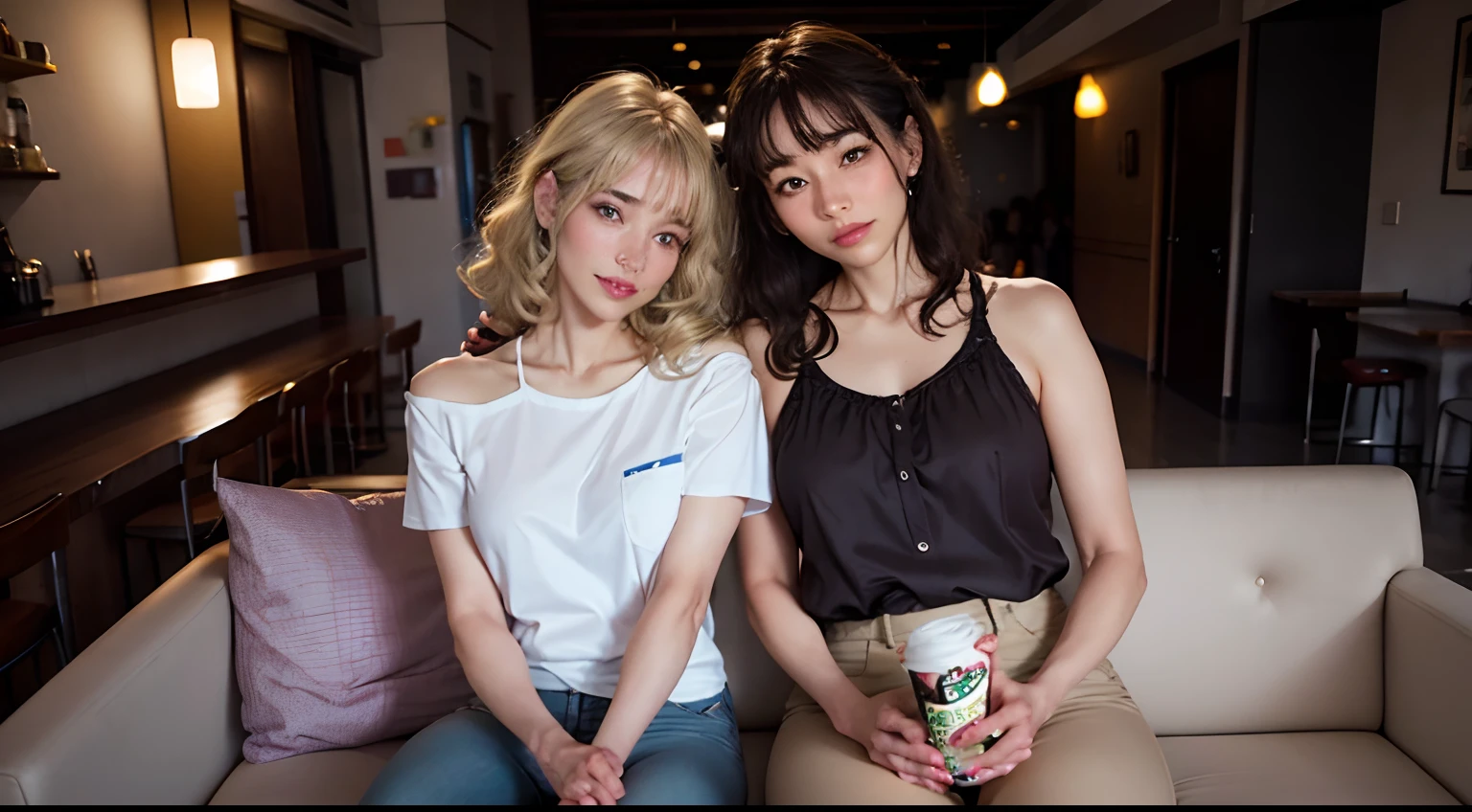 Gerar uma fotografia de um casal hetero em uma sorveteria, 1 of the spouses is a woman named Celesti, ((Realistic Vision V5.1)) rosto detalhado, 1 metro e 60 de altura, blonde hair with shoulder-length curls, aparenta ter 34 anos, olhos verde esmeralda, pele bronzeada, (Basic blouse and worn jeans), seu marido, 1 metro e 80 de altura, rosto detalhado, aparenta ter 30 anos, cabelos castanhos, olhos azuis, corpo atletico, barba por fazer, is wearing 1 white t-shirt and jeans and brown sneakers. Efeito cinema, They're in an ice cream parlor, editado em Adobe Premiere, 8k,