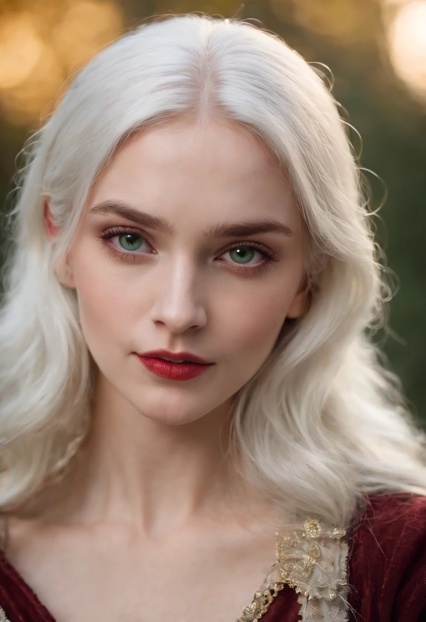 (((a deep reddish wound crosses her left cheek))) fair complexion, woman around 19 years old, natural white hair, distinctive green eyes, wearing kohl, slender and graceful, beautiful, candlelight in a medieval setting, ultra sharp focus, realistic shot, medieval female clothes, tetradic colors (scar:1.4)