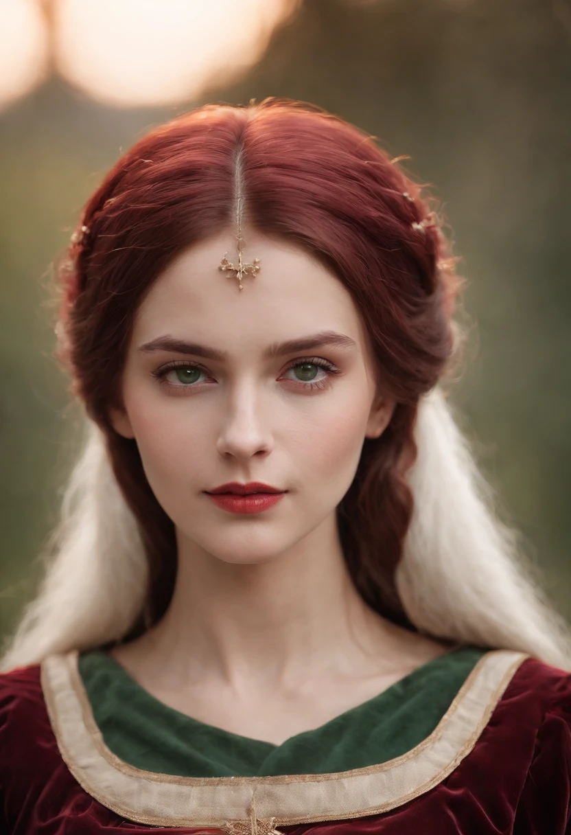 (((a deep reddish wound crosses her left cheek))) fair complexion, woman around 19 years old, natural white hair, distinctive green eyes, wearing kohl, slender and graceful, beautiful, candlelight in a medieval setting, ultra sharp focus, realistic shot, medieval female clothes, tetradic colors (scar:1.4)