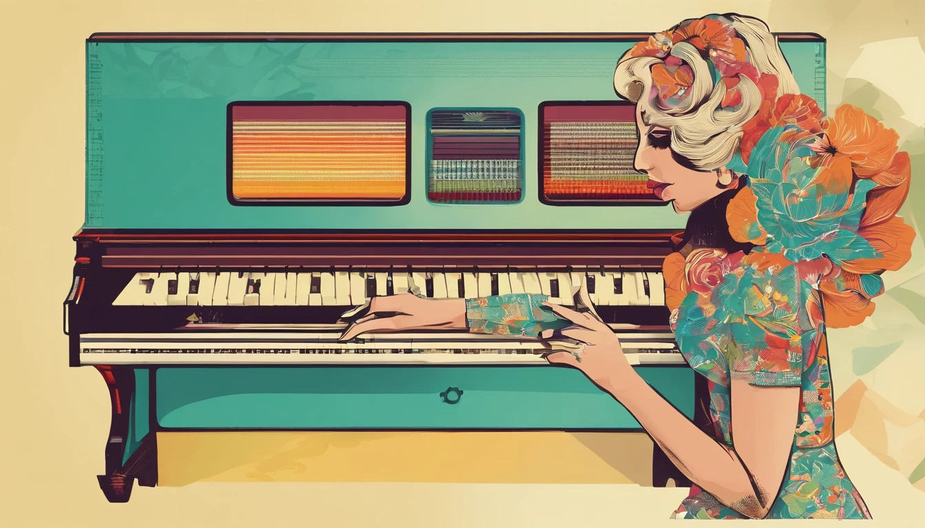 mulher trans tocando teclado musical, Funny, descabelada, 1960s style colors, highes definition, super detalhista