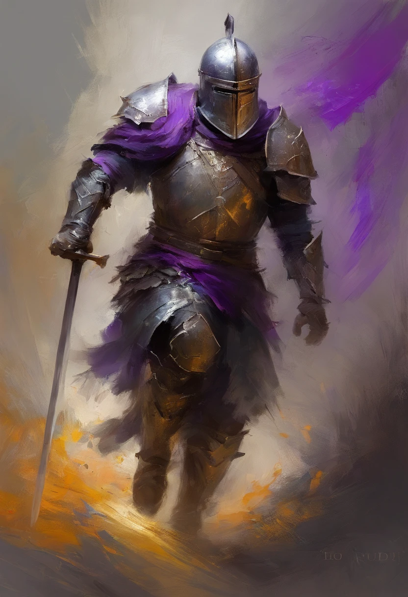 Strong Male,Paladin Knight,walking,helmet on, Centered,purple scarf, Looking at the camera, Facing the camera, Approaching perfection, Dynamic, Highly detailed, Smooth, Sharp Focus, 8K, hight resolution, Illustration, art by carne griffiths and wadim kashin, White background, black text in background titled "For Honor"