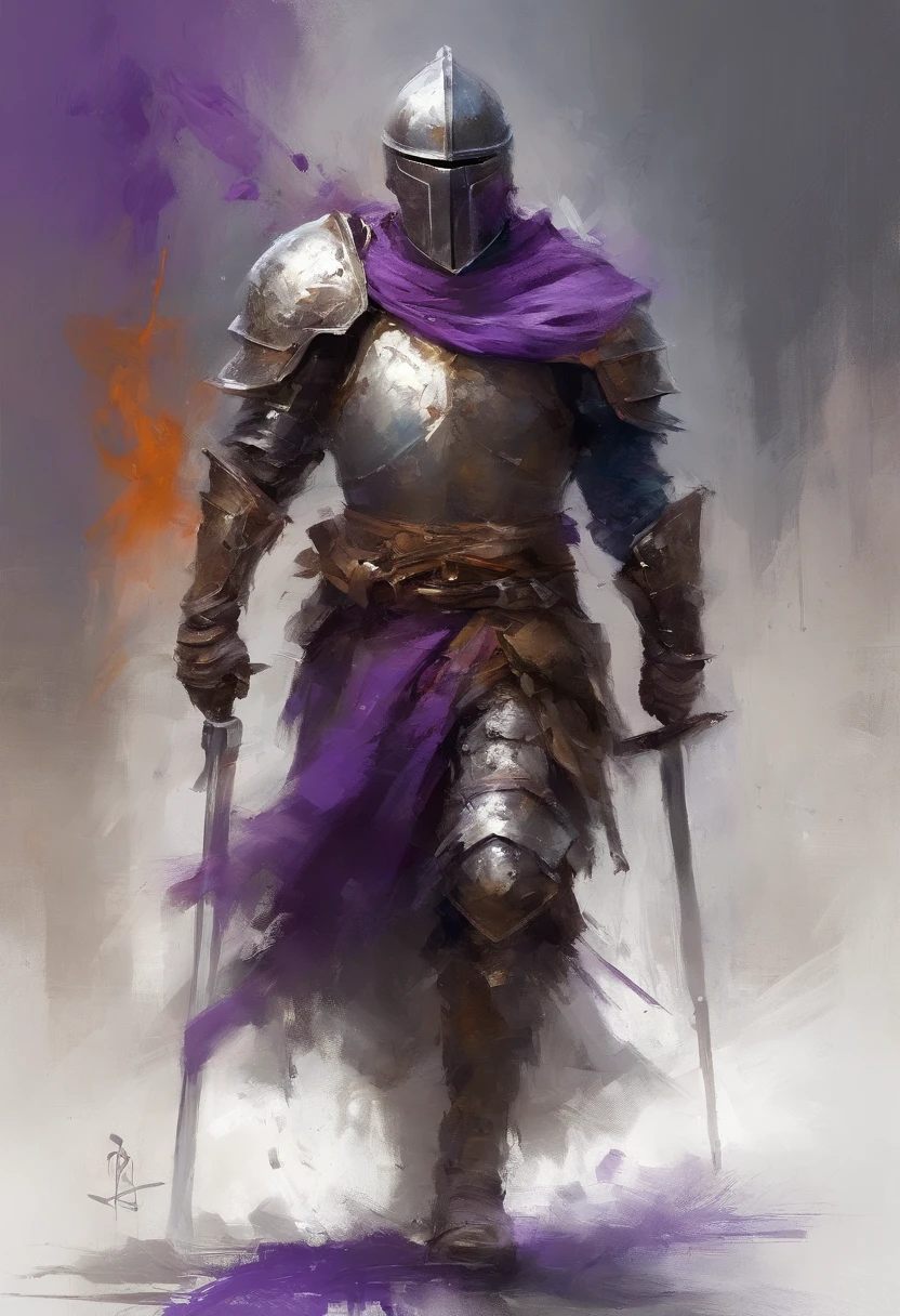 Strong Male,Paladin Knight,walking,helmet on, Centered,purple scarf, Looking at the camera, Facing the camera, Approaching perfection, Dynamic, Highly detailed, Smooth, Sharp Focus, 8K, hight resolution, Illustration, art by carne griffiths and wadim kashin, White background, black text in background titled "For Honor"