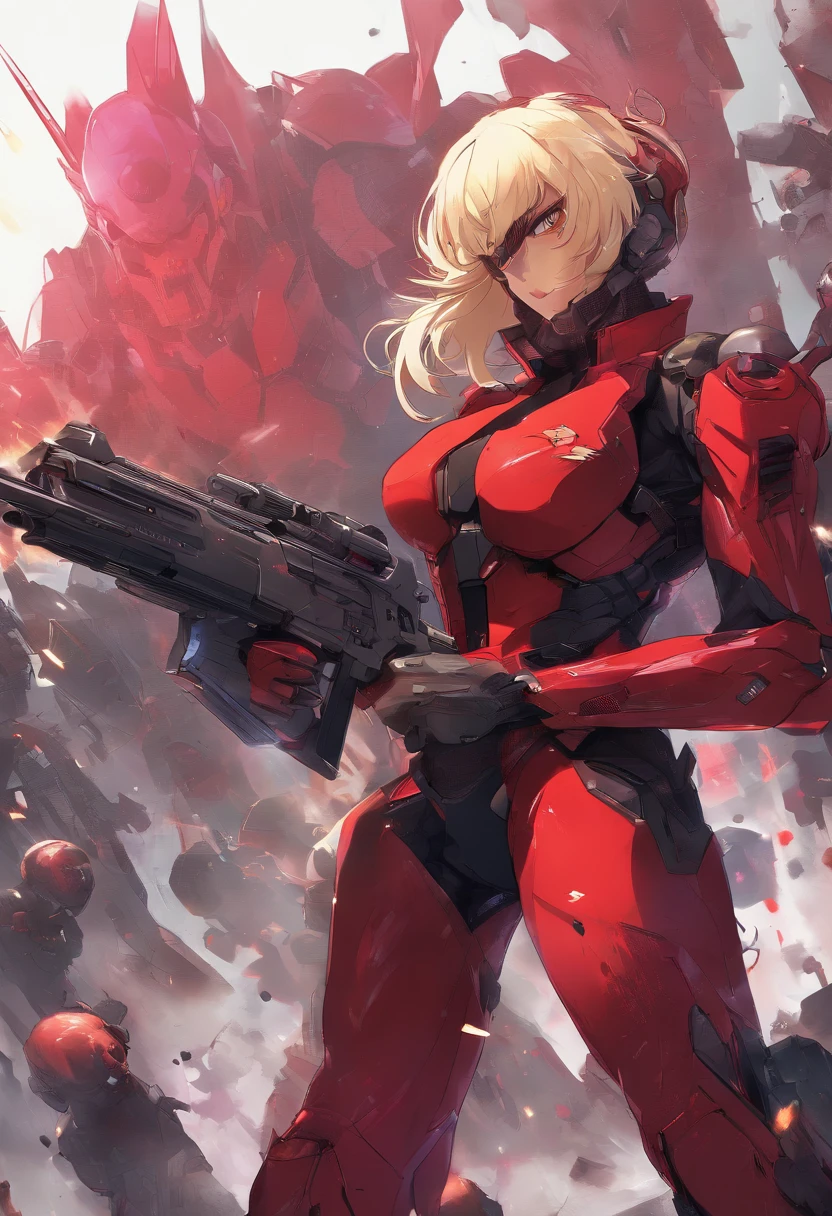 (best quality,highres,masterpiece:1.2),ultra-detailed,realistic,blonde man, laser gun as my left arm, red bodysuit, futuristic scene, dimly lit background, intense expressions, action-packed, bold brushstrokes, cyberpunk aesthetics, vibrant colors, dynamic composition, smoke and sparks, futuristic cityscape, neon lights, dramatic shadows, mechanical enhancements, glowing eyes, badass attitude, high-tech weaponry, sharp focus, detailed facial features, metallic textures, energy pulses, dangerous aura, confident posture, epic battles, powerful energy blasts, intense atmosphere, cinematic feel, cutting-edge technology, Leiji Matsumoto、Char Aznable、