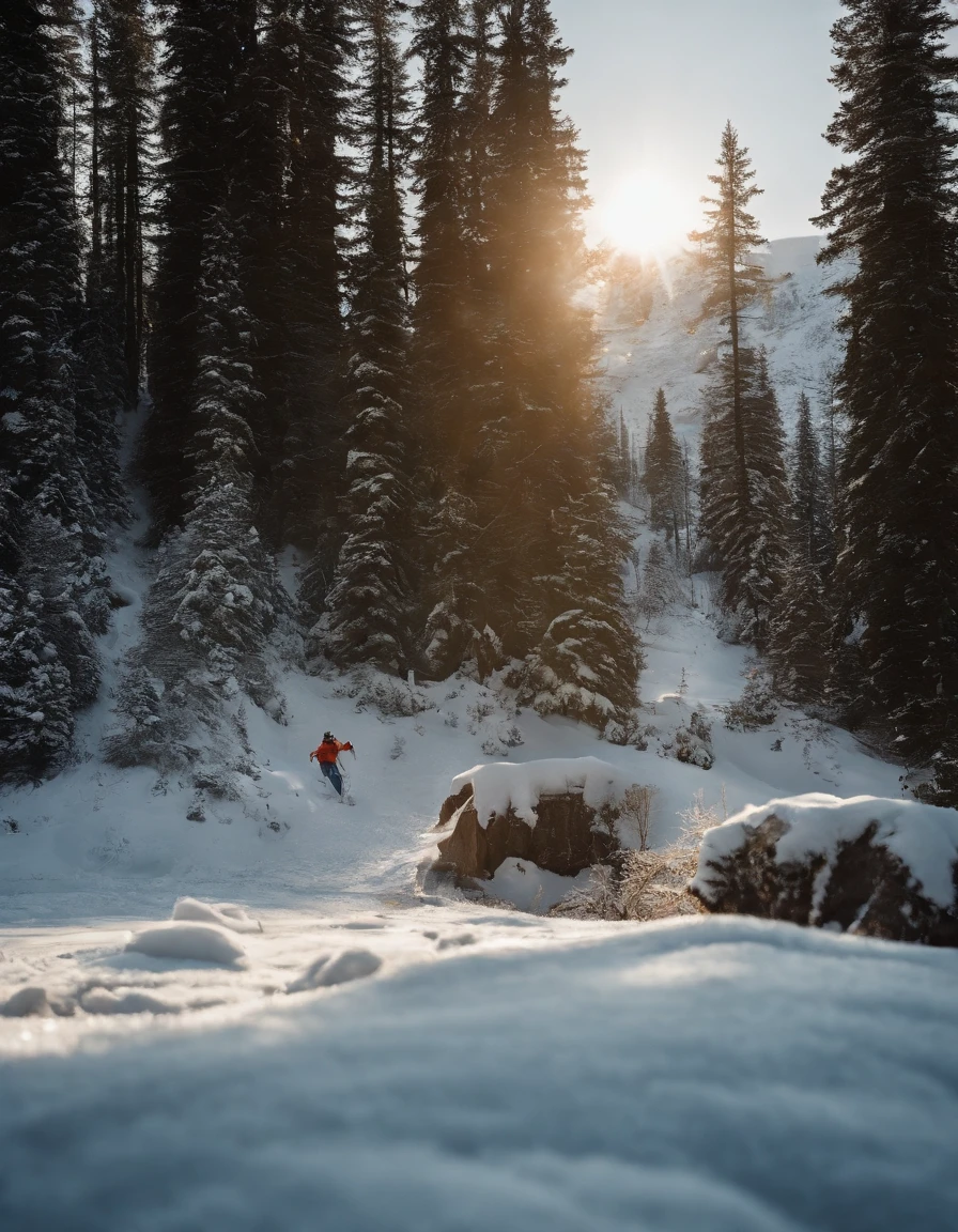 An avalanche occurred on a snowy mountain，A skier dodged in a thrilling way，Grandiose scenes，sunlighting，Crisis，tmasterpiece