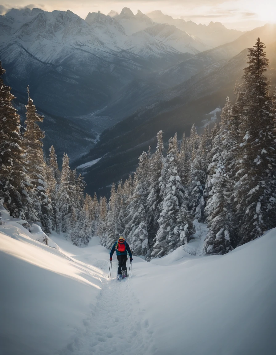An avalanche occurred on a snowy mountain,A skier dodged in a thrilling way,Grandiose scenes,sunlighting,Crisis,tmasterpiece