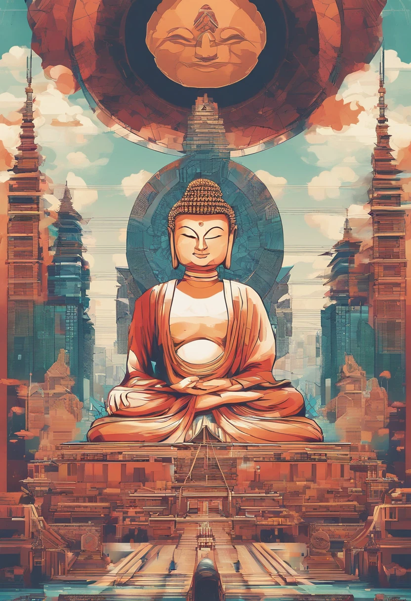 (The upper body of a giant tall Buddha statue in the distance:1.5,),(race
Bopunk city background:1.2),(真实感:1.4),(best qualtiy:1.0),(Super high ratings:1.0),8K, RAW photos,(tmasterpiece:0.2),ultra - detailed,(Pilgrims on the road:0.8)