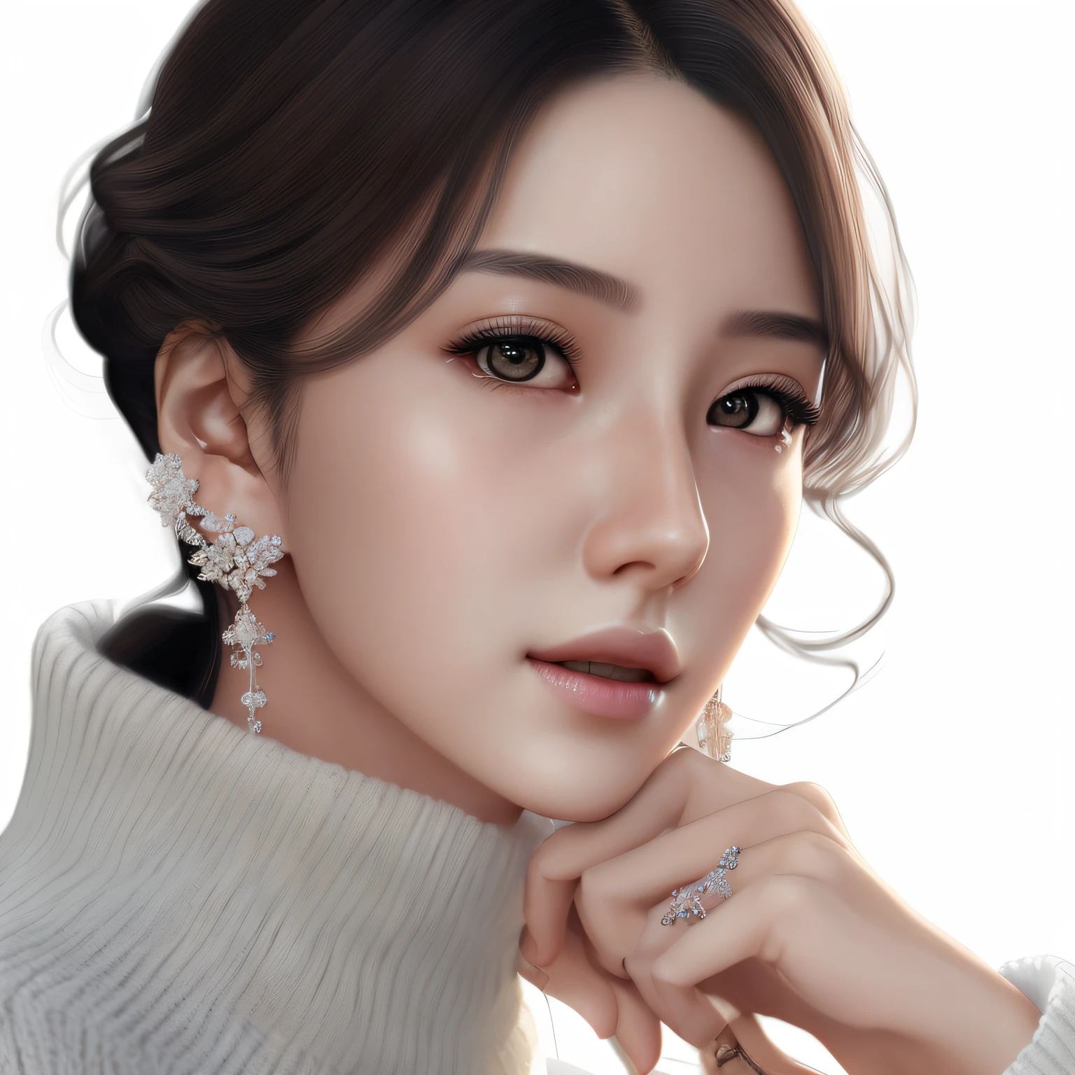 Close up portrait of woman in white sweater and earrings, inspired by Sim Sa-jeong, digital art of an elegant, realistic art style, realism artstyle, Photorealistic!!!!!!! Art styles, Realistic. cheng yi, elegant digital painting, in the art style of bowater, high quality portrait, inspired by Huang Ji, Realistic beautiful face, 8 k realistic digital art