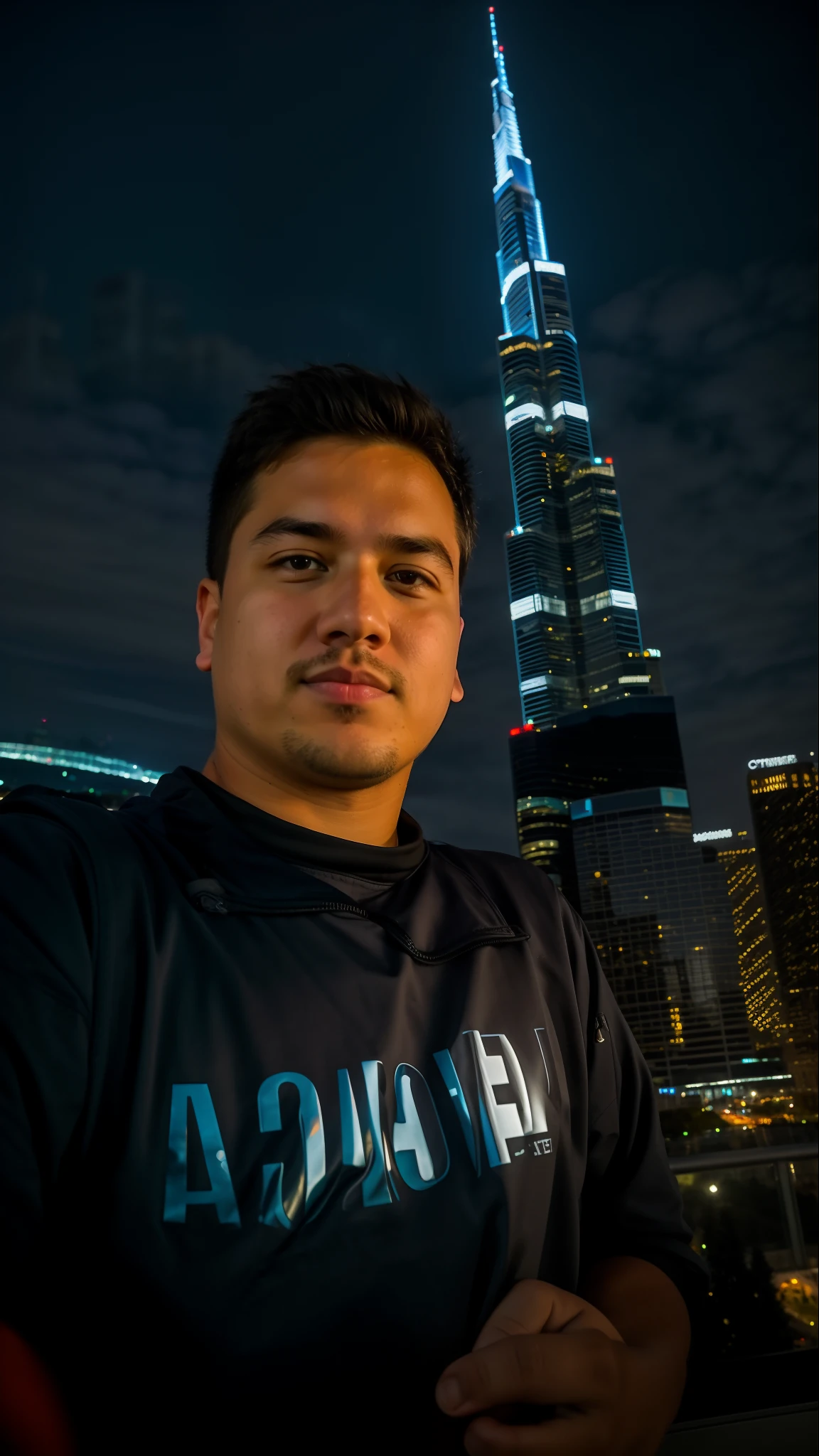 Ultra realistic face a boy standing in front of a tall building at night, very very low quality picture, city in the background, with towers, in front of a sci fi cityscape, 8k selfie photograph, in the middle of the city, with a city in the background, skyscrapers in the background, at nighttime, bokeh in the background only, city in background