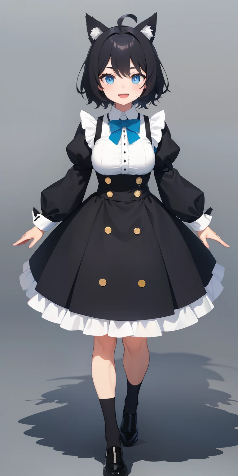 Full body,(( Upright)), ((Arms at sides)), Looking at Viewer, Simple background, 1girl in, Open mouth, Smile, Virtual Youtuber、girl with、、((Best Quality, high_resolution, Distinct_image)),(Black hair), (Black cat ears), (Ahoge), (absurdly short hair), (Wavy Hair), (Blue eyes),、A smile、large full breasts、