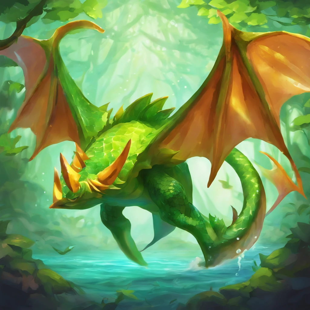 Manta Ray, orange horns, green and green scales, green dragon wings, yellow glowing eyes, best quality, masterpiece