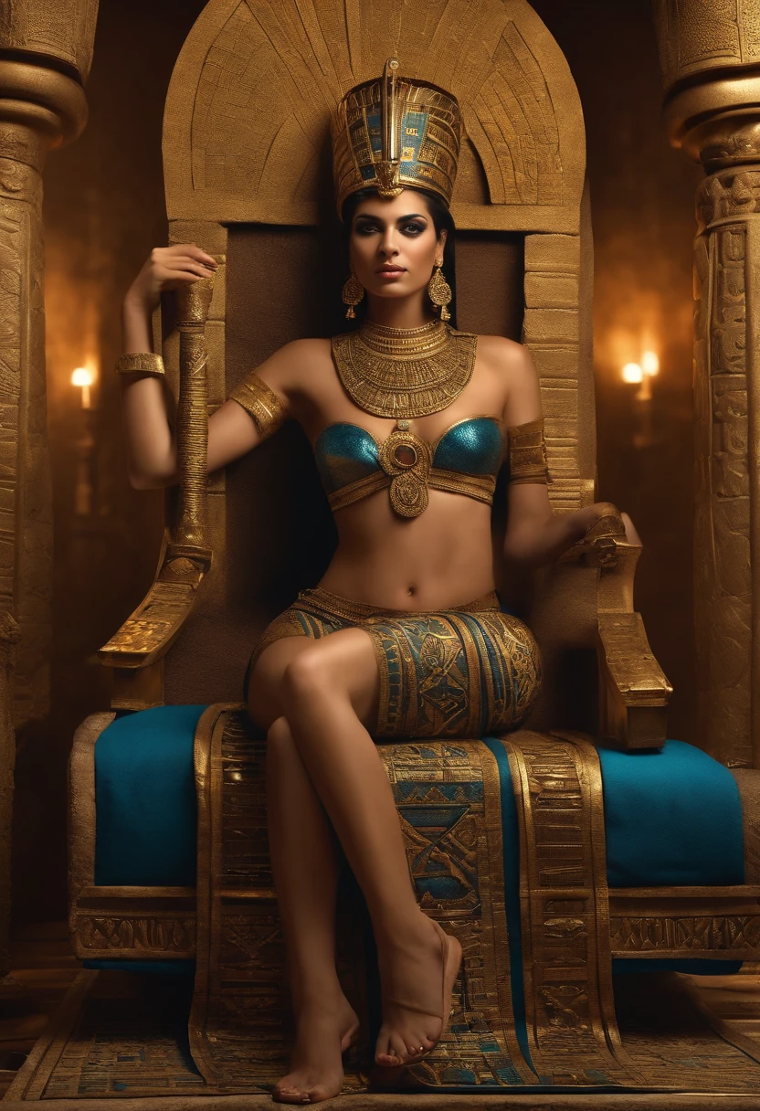 Cleopatra sitting on a golden throne, com uma coroa de cobra e um leque de penas, cercada por servos e guardas. (papel de parede extremamente detalhado da unidade CG 8k), Egyptian woman, ultra detalhada, rosto perfeito, cabelos escuros encaracolados, in the setting of ancient Egypt sitting on his throne, pele escura com um leve brilho, twilight light slightly high mind, with egyptian tattoo, olhar misterioso, e um leve sorriso em seu rosto, (olhos ultra detalhados).