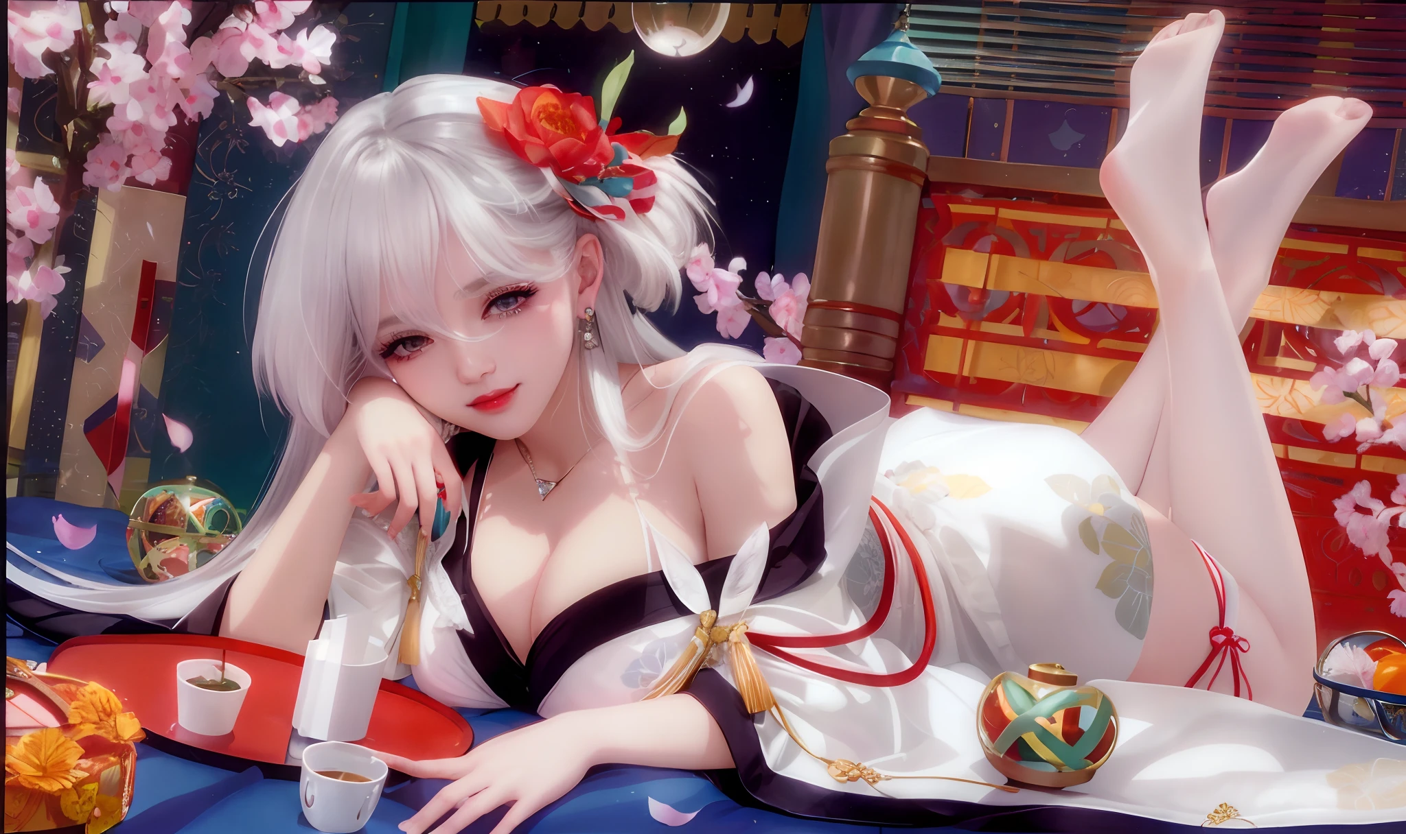 lying on bed, aroused, necklace, earrings, full body, long white hair, white kimono, superb, ultra-high-definition, RAW photo, realism: 1.25), (bright lip gloss, long eyelashes, smooth face, bright skin, natural shadows, wide light, wide light, depth of field, strong colors, subtle caustics: 0.8), smile, (big tits), v6