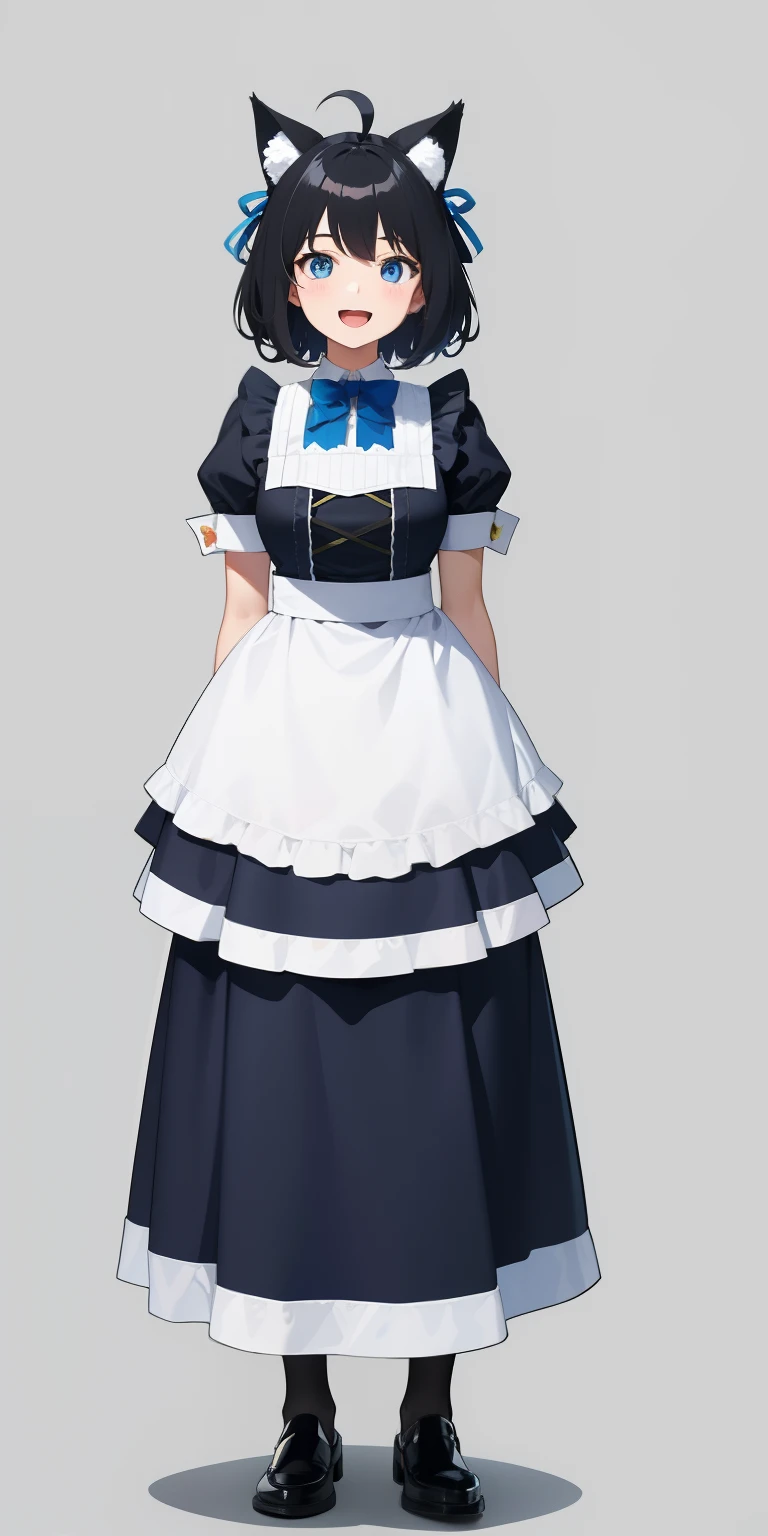 Full body,(( Upright)), ((Arms at sides)), Looking at Viewer, Simple background, 1girl in, Open mouth, Smile, Virtual Youtuber、girl with、、((Best Quality, high_resolution, Distinct_image)),(Black hair), (Black cat ears), (Ahoge), (absurdly short hair), (Wavy Hair), (Blue eyes),、A smile、large full breasts、Dressed in maid clothes