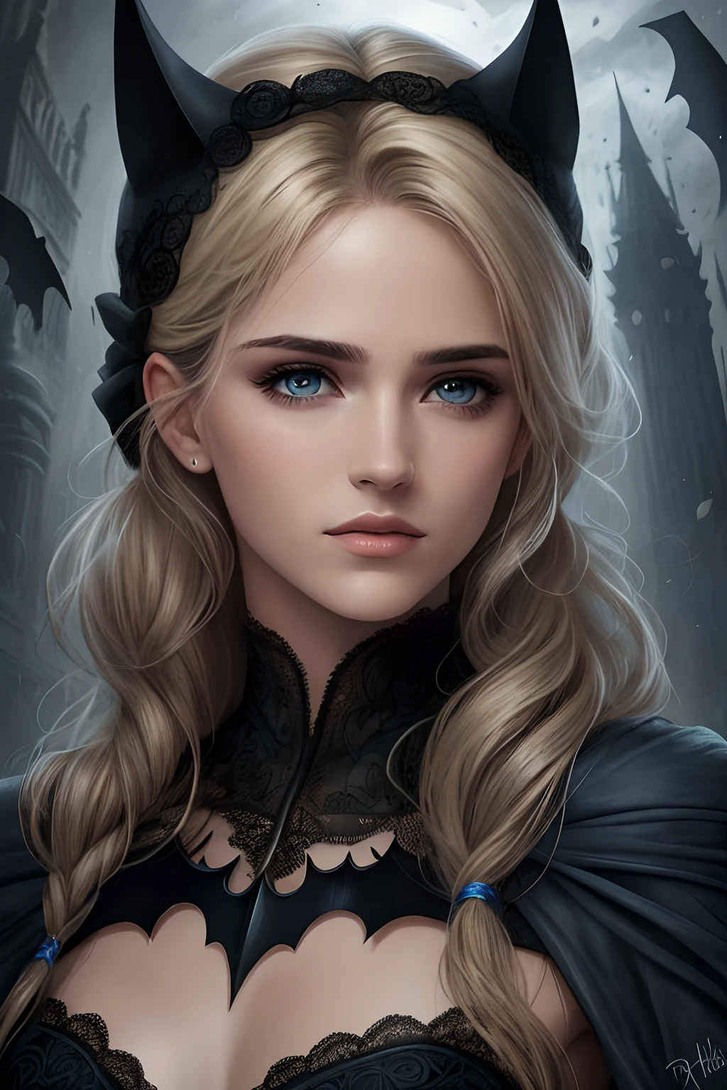 Crear un [Comic Luis Royo artistic style] Pareja de amantes de un hombre de cabello oscuro (Batman) y una chica rubia con [Elsa detallado], [dynamic shading], y [colores ricos]. La joven rubia tiene [cuerpo completo], ojos azules [rasgos faciales expresivos] y [movimientos corporales fluidos], I pay close attention to [Her black liquid sensual dress with black lace veil], (fabric with intricate pattern:1.2), [acorazonado] cara, [delicadamente proporcionado], con un [small-nose] y [high cheekbones], labios carnosos, [rubio brillante cabello medio lacio peinado], [Ojos negros y marrones], largo, Full eyelashes that add to your feminine charm, [slim and petite body], cuello expuesto por el pelo en un chignon, Lili from the movie Legend, hada. El hombre tiene el pelo negro, Detailed dark eyes with shadows on the sclera, Pale skin, Ropa oscura con armadura de luz oscura, Henri Cavil.  [fondo oscuro de la cueva] [atmosfera oscura]  debe mostrar [poros visibles de la piel] que se suman al realismoo. [imperfecto, desigual, y piel irregular] debe ser representado con [specular reflection], [Subsoil Scatter], y [diffuse reflection], capturyo el [Tono de piel claro] La imagen debe ser capturada en [Luz natural], con [Sombras suaves] que la resaltan. Los colores deben ser [.RAW] y [Vibrante], mostryo el [tragic] Elementos del personaje, mientras se mantiene arraigado en un sentido de [realismo]. Apunte a un [fotorrealista]. La imagen debe tener [Detalles intrincados]. The overall mood of the image should be [victoriano], [gotic] con un sentido de [magica] y [Poder].